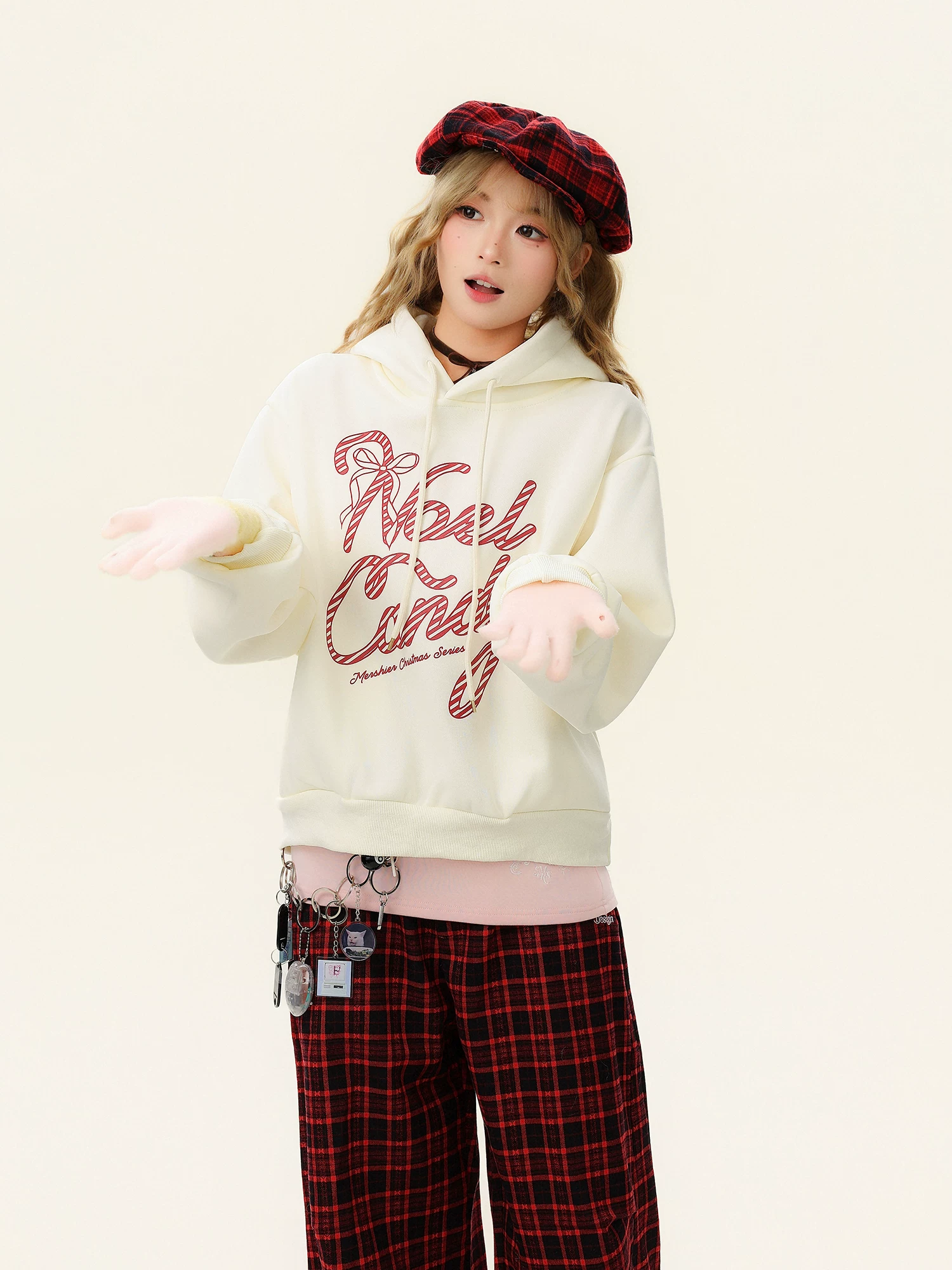 Áo nỉ có mũ trùm đầu in chữ Bulu Biscuit Bow dành cho nữ, áo hoodie đa năng dáng rộng mùa thu đông.