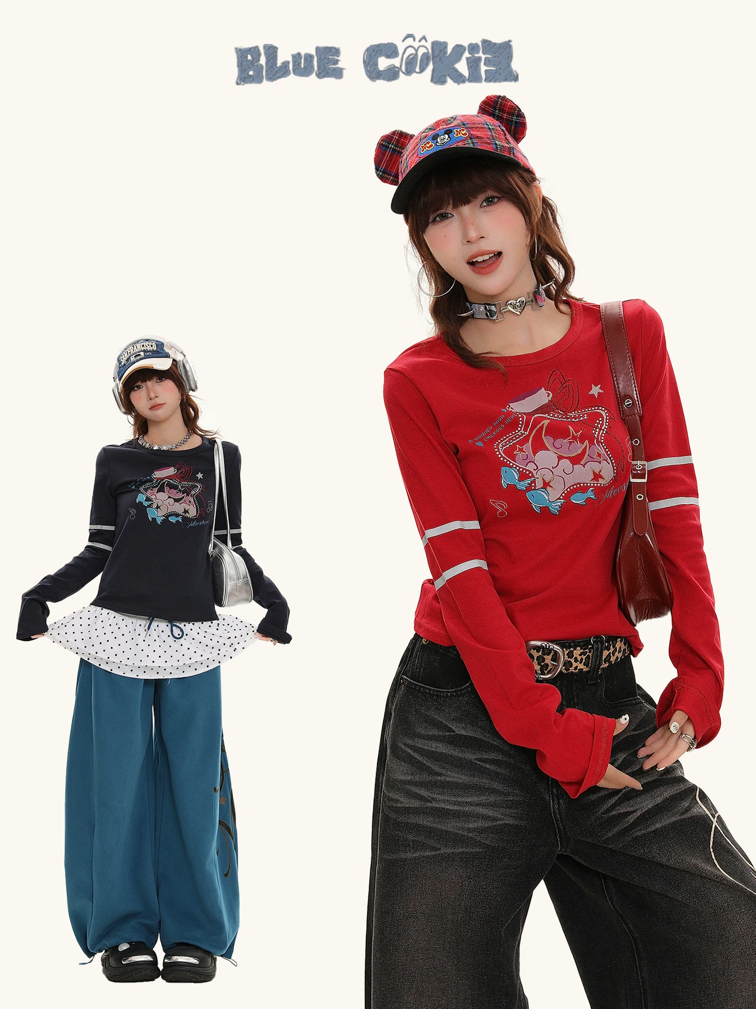 Áo thun dài tay in hình cá cổ điển Bulu Biscuit American Retro dành cho nữ, mùa thu Slim Fit ngắn đa năng Top Trend.