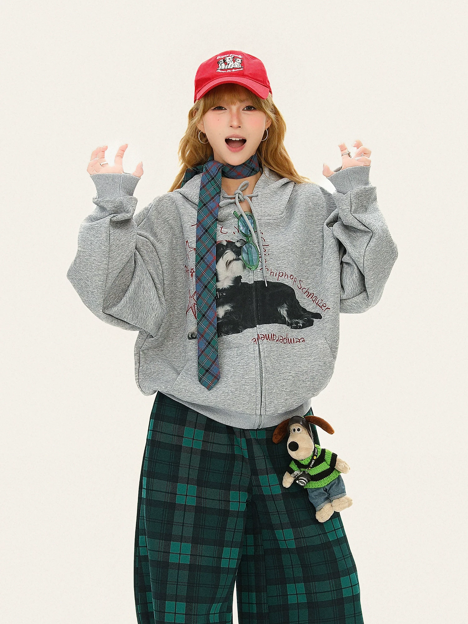 Áo nỉ có mũ in hình chú chó Bulu Biscuit American Retro dành cho nữ, áo khoác cardigan phong cách rộng rãi và thoải mái cho mùa thu.