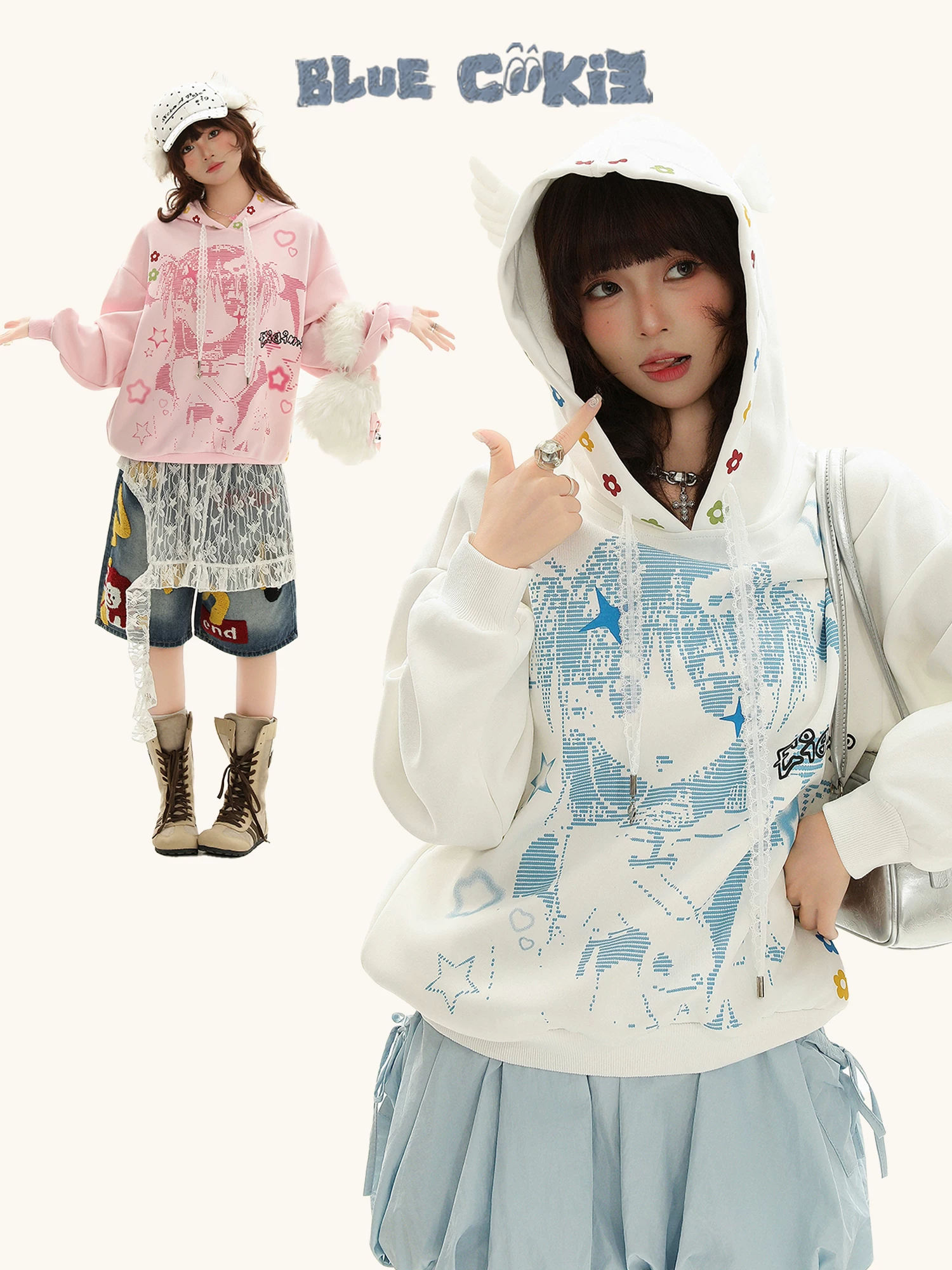 Áo nỉ có mũ trùm đầu kiểu Mỹ Bulu Biscuit dành cho nữ, áo hoodie rộng rãi thoải mái cho mùa thu.