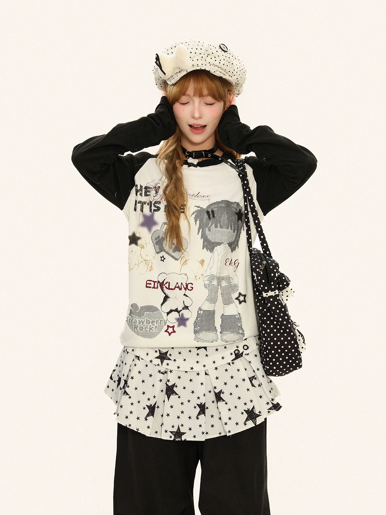 Áo thun dài tay Bulu Biscuit American Retro Cartoon Color-Block Raglan dành cho nữ, Slim Fit, Áo sơ mi cơ bản Y2K cho mùa thu.