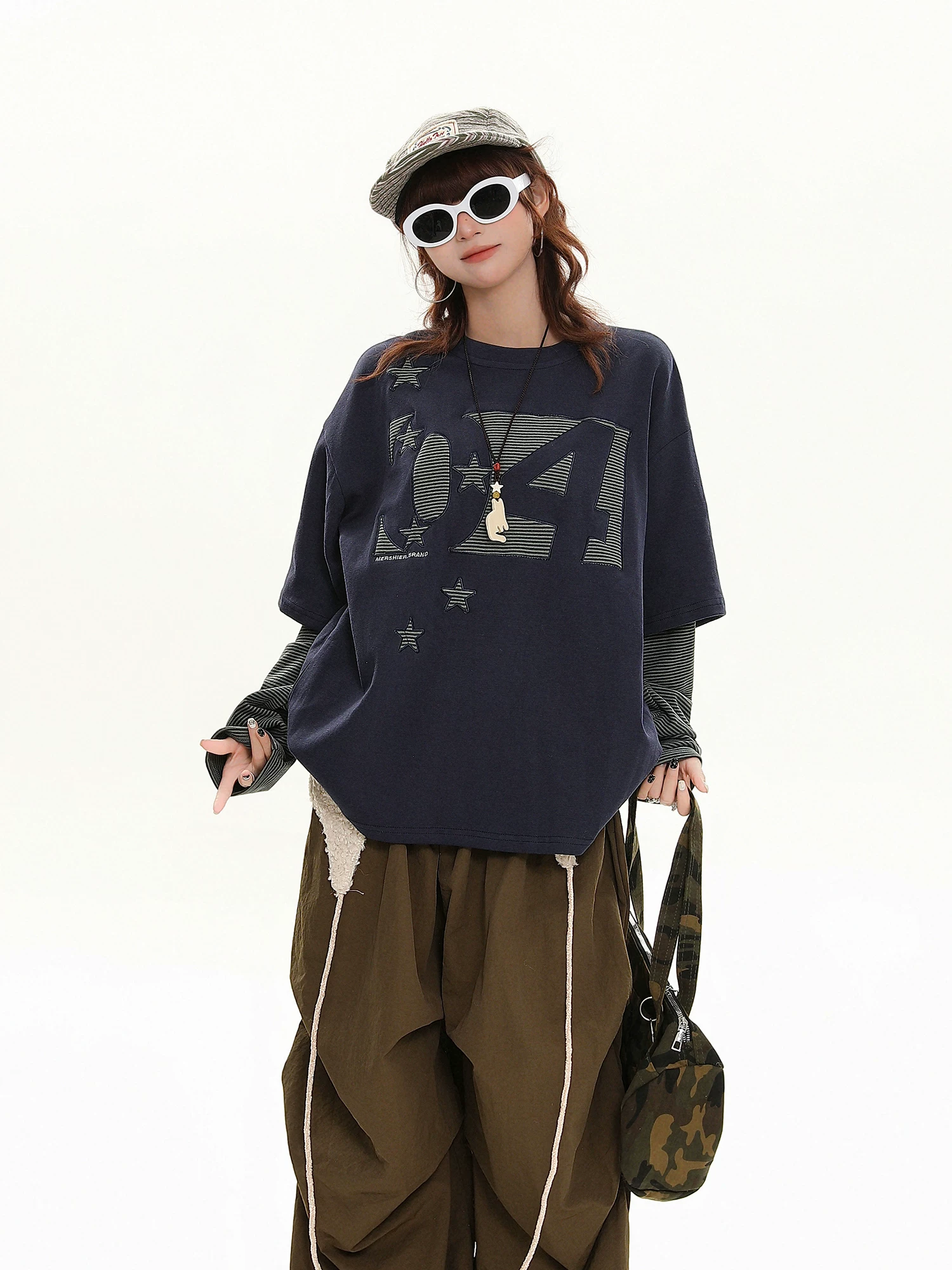 Bulu Biscuit Unisex Mỹ Retro Giả Hai Mảnh Áo Thun Dài Tay Mùa Thu Rời Thường Ngày Đa Năng Của Cặp Đôi Hàng Đầu