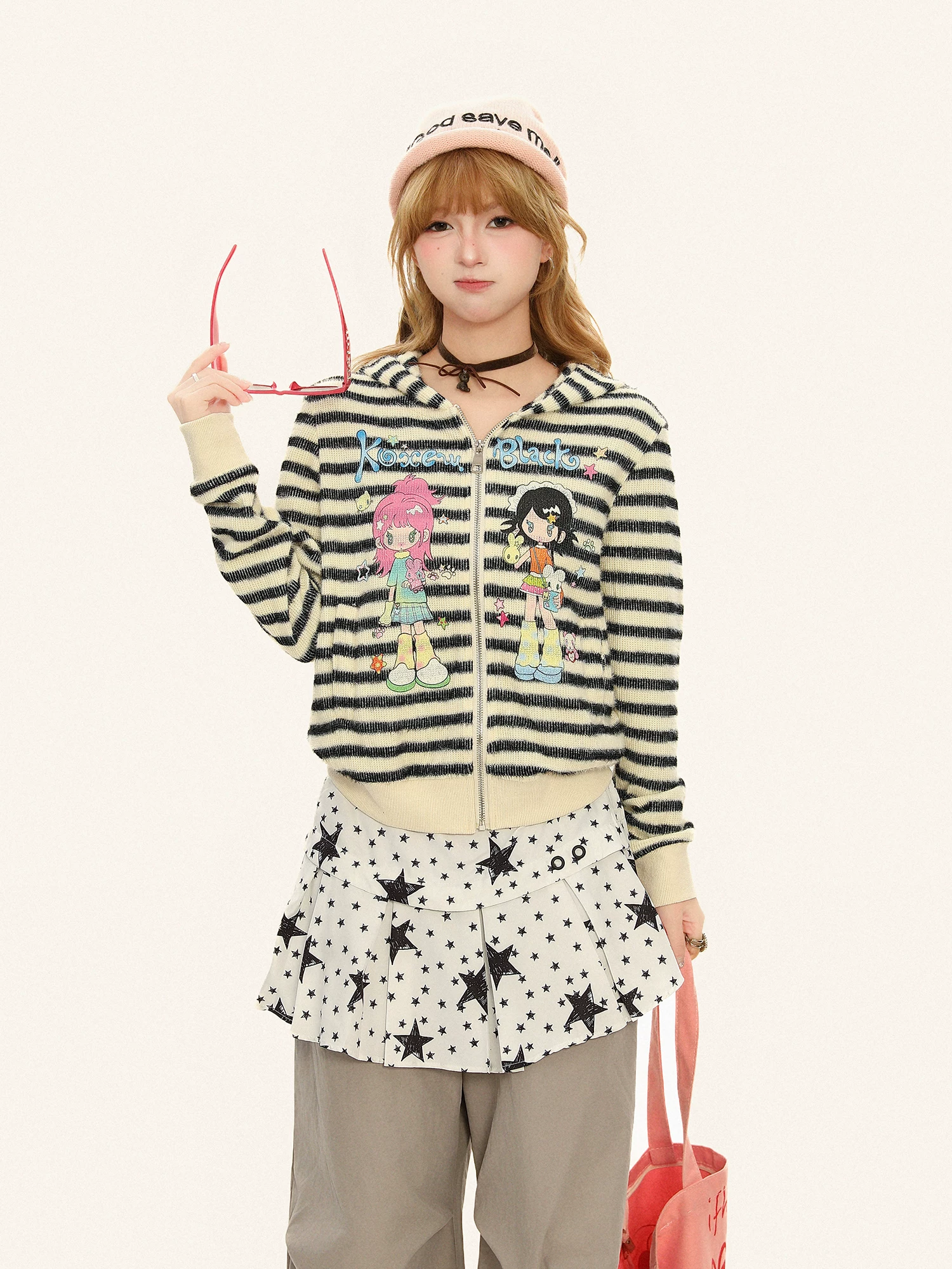 Áo cardigan dệt kim có mũ trùm đầu in hình cô gái hoạt hình dễ thương dành cho nữ, áo len cardigan ngắn mùa thu phong cách lười biếng.