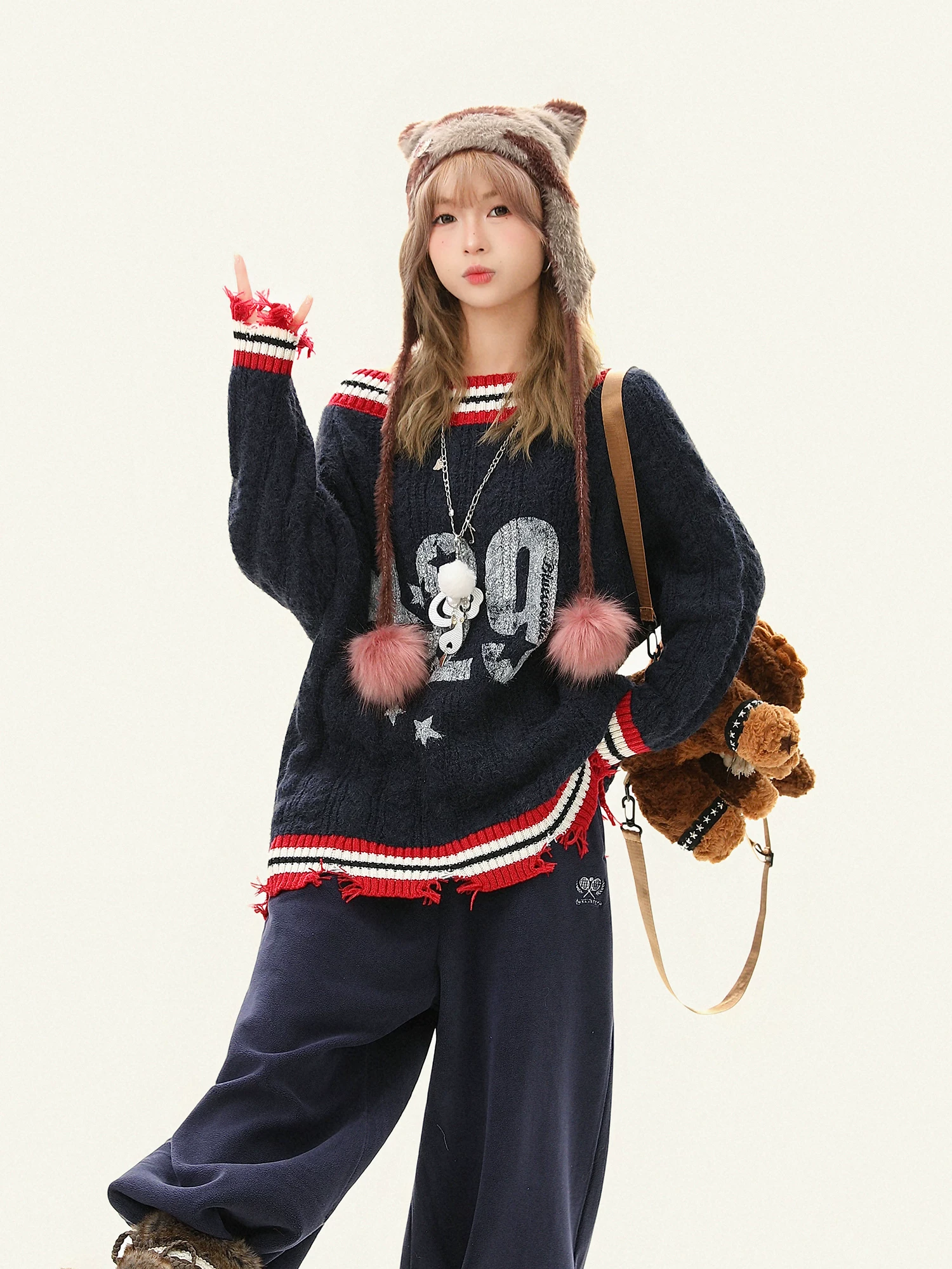 Áo len trễ vai kiểu Mỹ Bulu Biscuit American Sweet Cool College Style dành cho nữ, áo len dệt kim kiểu dáng lười biếng mềm mại mùa thu đông.