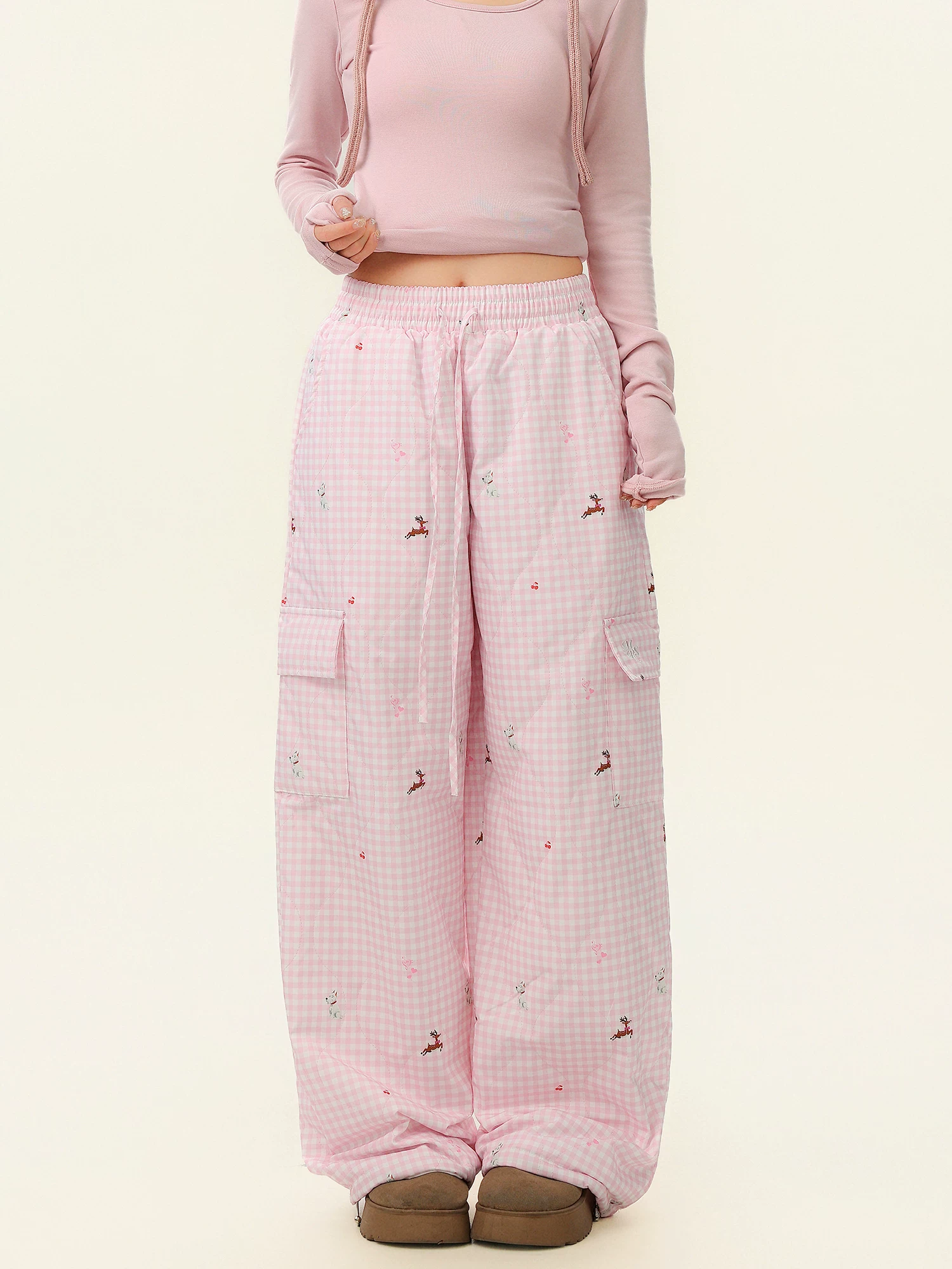 Quần cotton ống rộng có dây rút kẻ sọc dành cho nữ, quần ống rộng ấm áp mùa đông, quần thường ngày ống rộng.