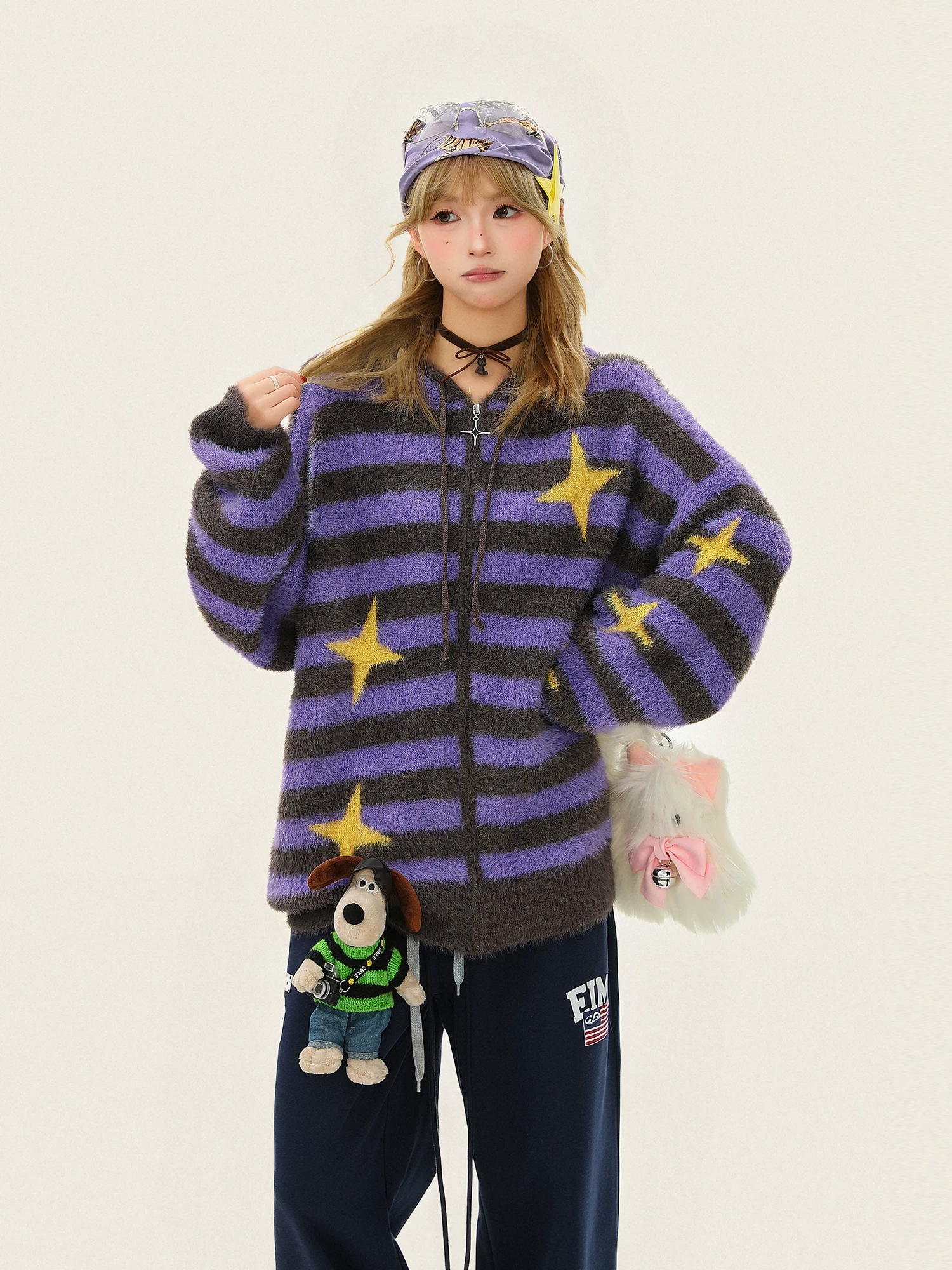 Áo khoác len có mũ trùm đầu sọc jacquard lấy cảm hứng từ thiết kế Biscuit dành cho nữ, áo cardigan dệt kim mùa thu đông.
