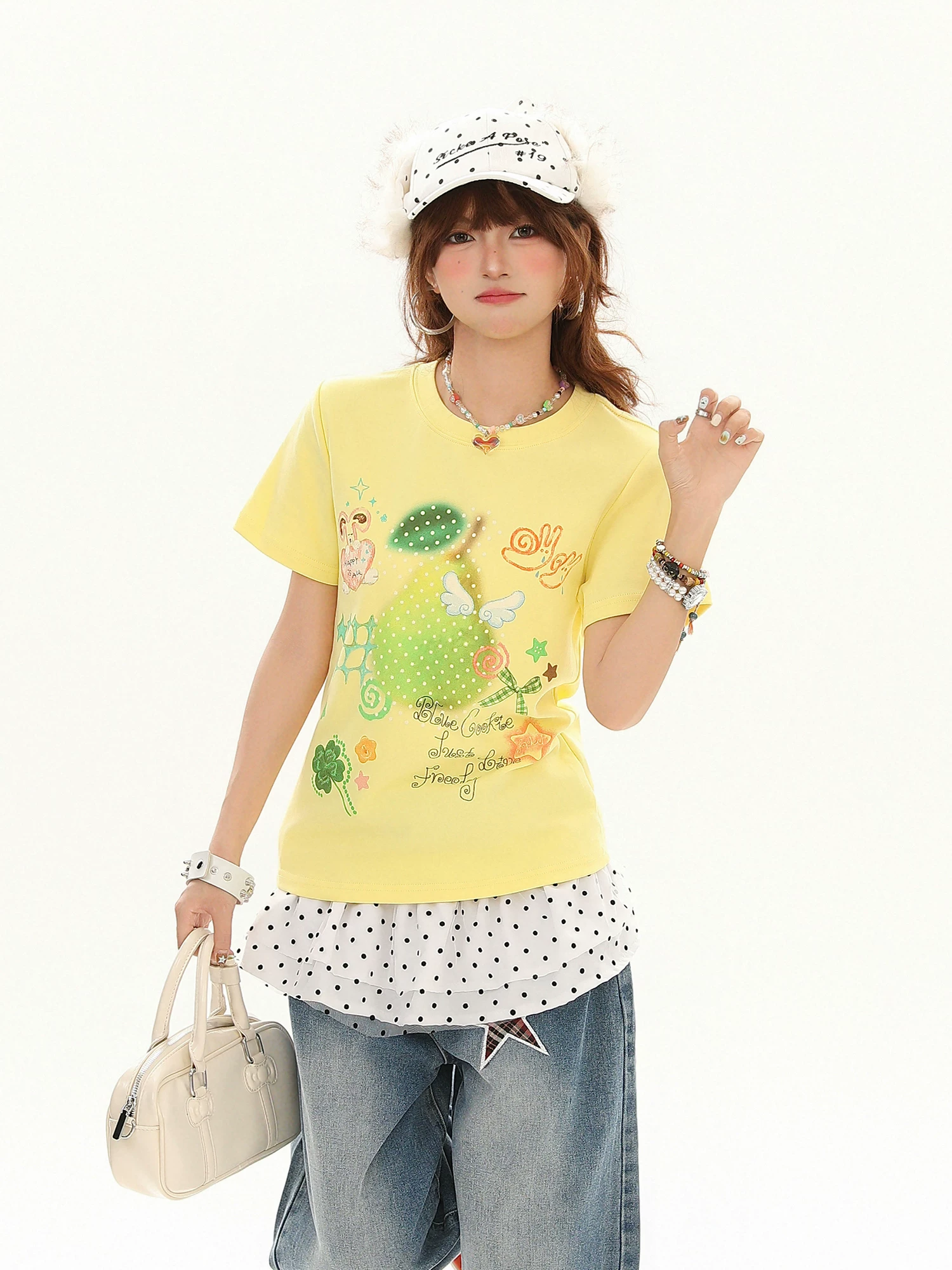 Áo thun ngắn tay in họa tiết Bulu Biscuit Pear Polka Dot dành cho nữ, áo thun ngắn tay giảm béo mùa hè đa năng trẻ trung thường ngày.