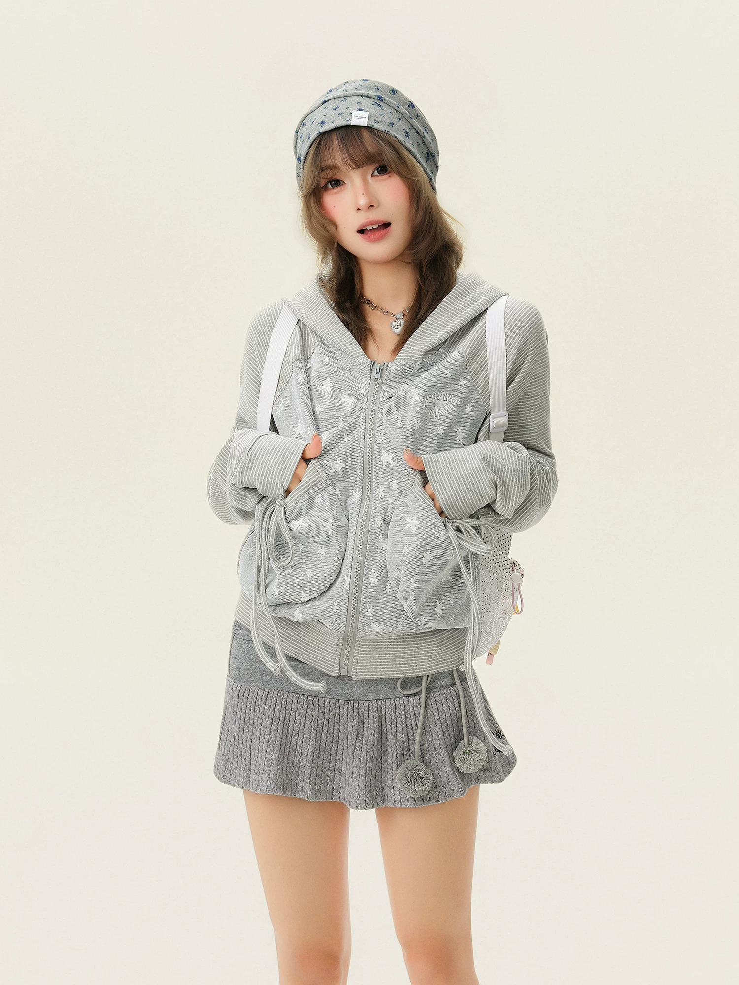 Áo nỉ có mũ trùm đầu kiểu Hàn Quốc ngọt ngào, họa tiết sao sọc, dành cho nữ, áo khoác cardigan ngắn thiết kế mùa xuân.