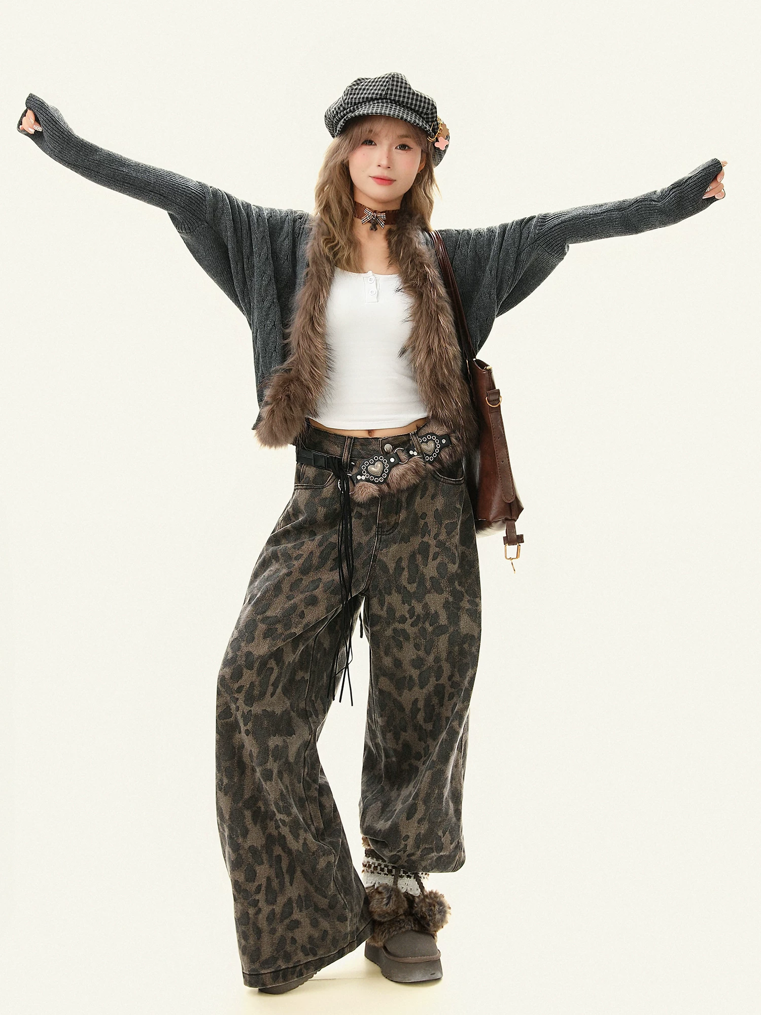 Áo len cardigan cổ lông Bulu Biscuit American Retro dành cho nữ, dáng rộng, đa năng, giản dị, áo khoác dệt kim sành điệu cho mùa thu đông.