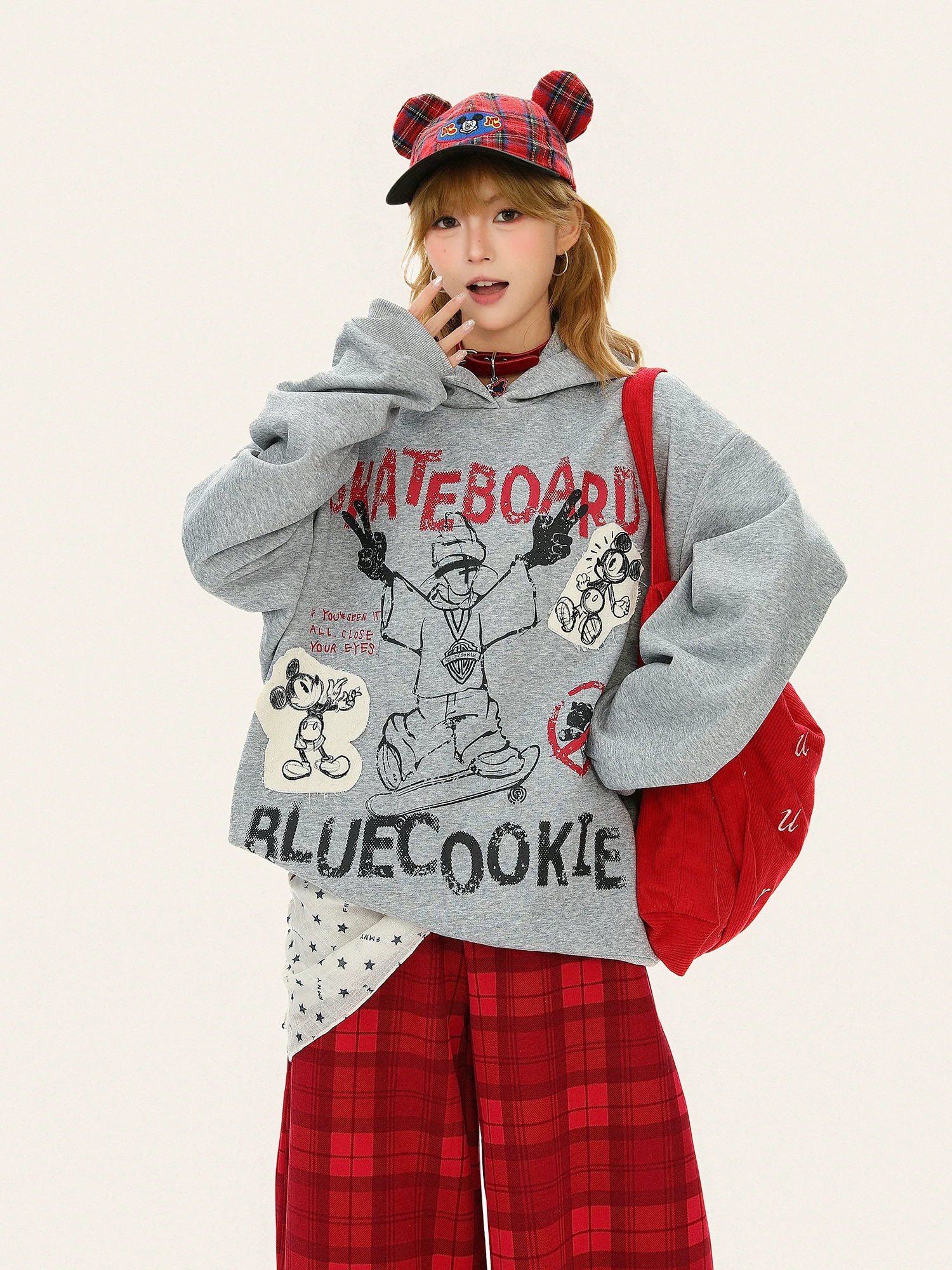 Áo hoodie vẽ tay phong cách vintage kiểu Mỹ dành cho nữ, áo sweatshirt dáng rộng thoải mái phong cách lười biếng mùa thu.