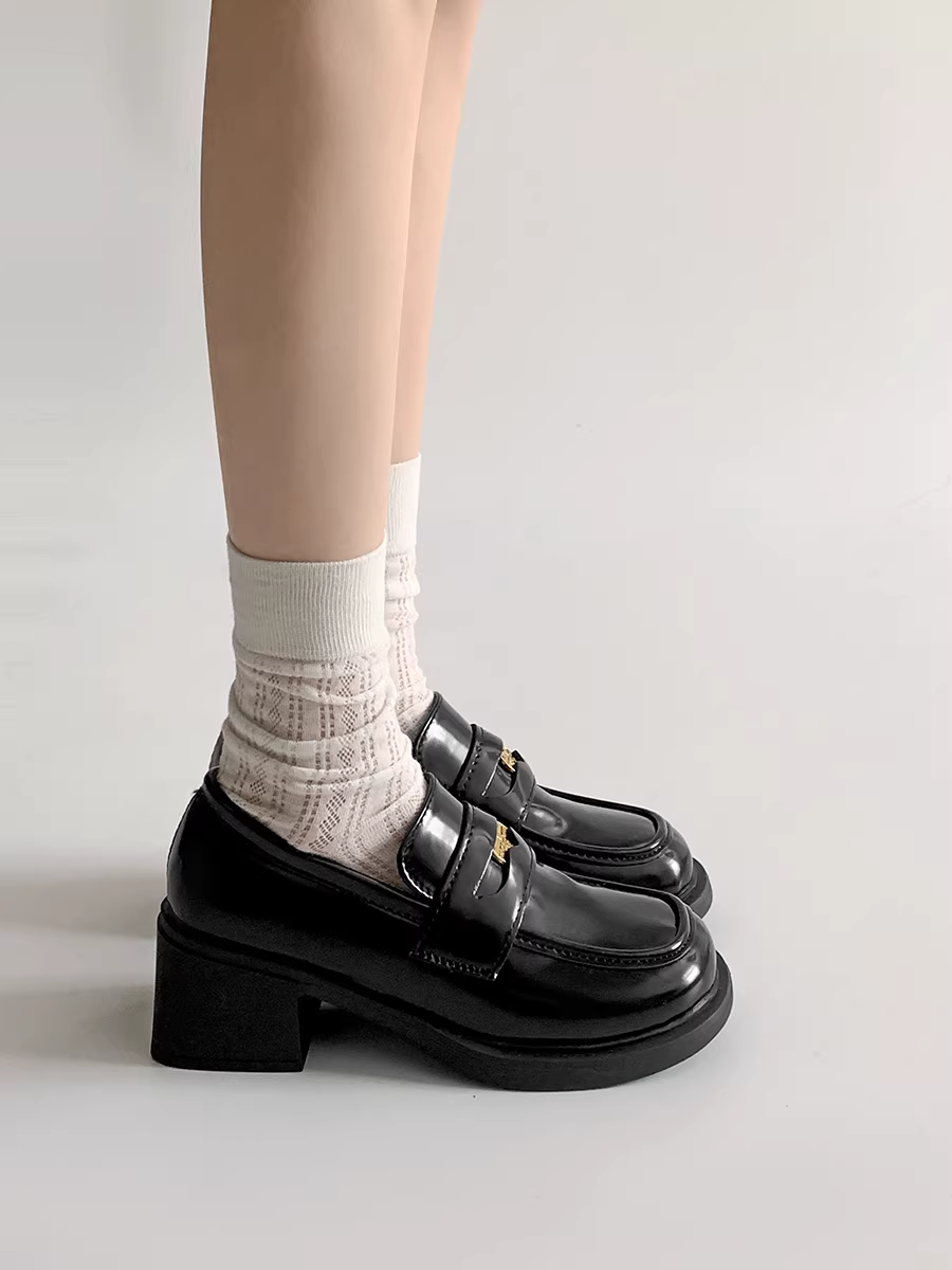 Giày Mary Jane da kiểu Pháp đen đế xuồng dành cho nữ, mẫu mới thu 2025 mũi tròn cổ điển gót cao chunky