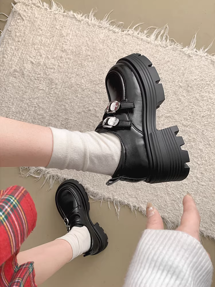 Giày da đế xuồng đen kiểu Pháp cổ điển dành cho nữ, mẫu mới thu 2025, đa năng, kiểu Mary Jane, phối cùng chân váy