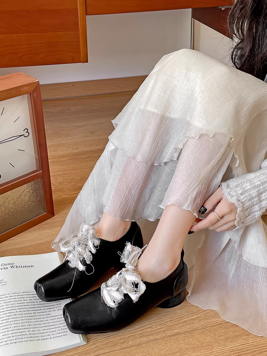 Giày búp bê da nhỏ gót dày kiểu ballet màu nâu cổ điển dành cho nữ, mẫu mới thu đông 2025, phong cách Pháp, phối chân váy, kiểu Mary Jane