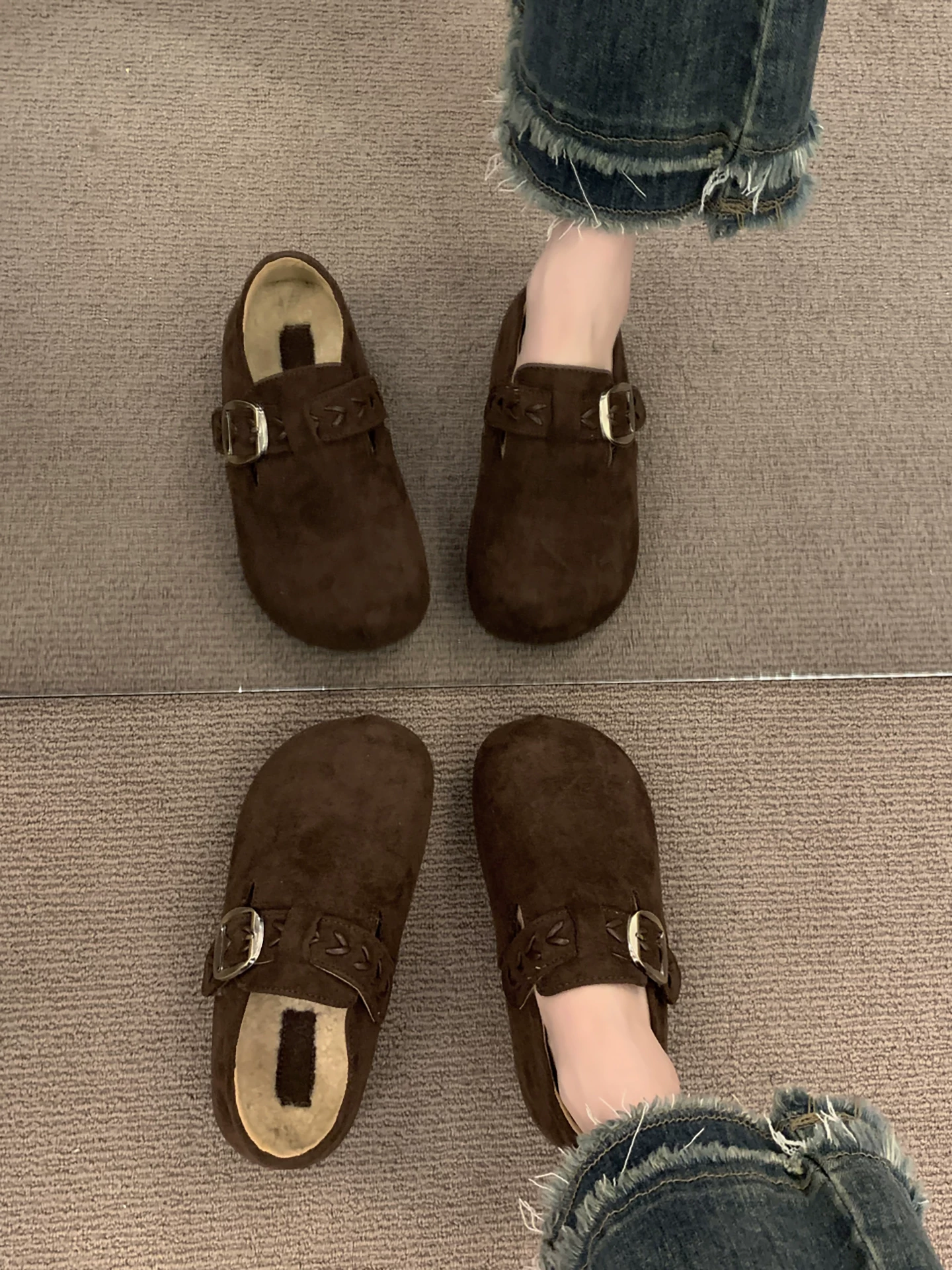 Giày Birkenstock đế dày kiểu cổ điển Maillard có đế dày bên trong, lót nhung, tất cả đều được bao phủ dành cho nữ 2025 giày cotton ấm áp và dày dặn mới cho mùa thu đông