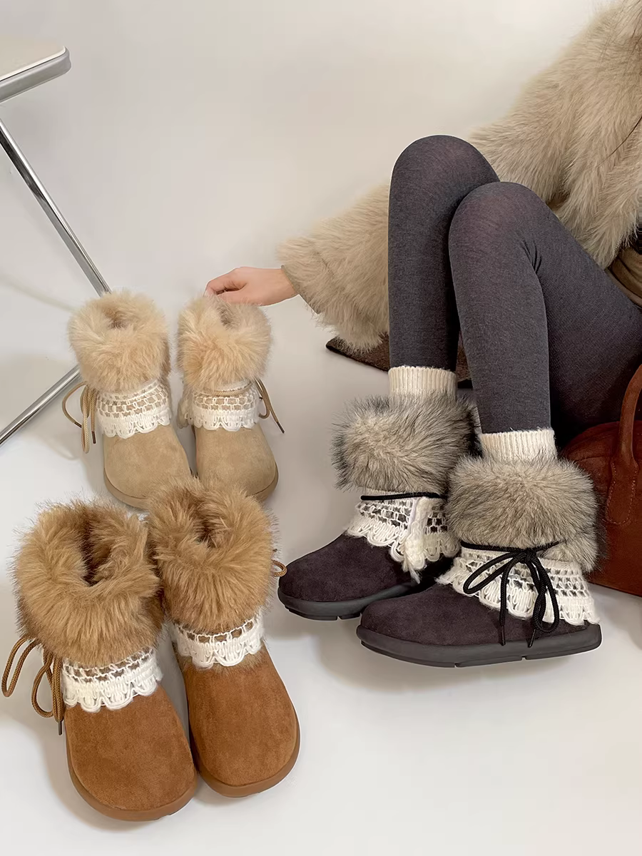 Giày bốt nữ đế dày lót lông cừu giữ ấm, giày mùa đông 2025 mới chống trơn trượt, lót bông dày dặn.
