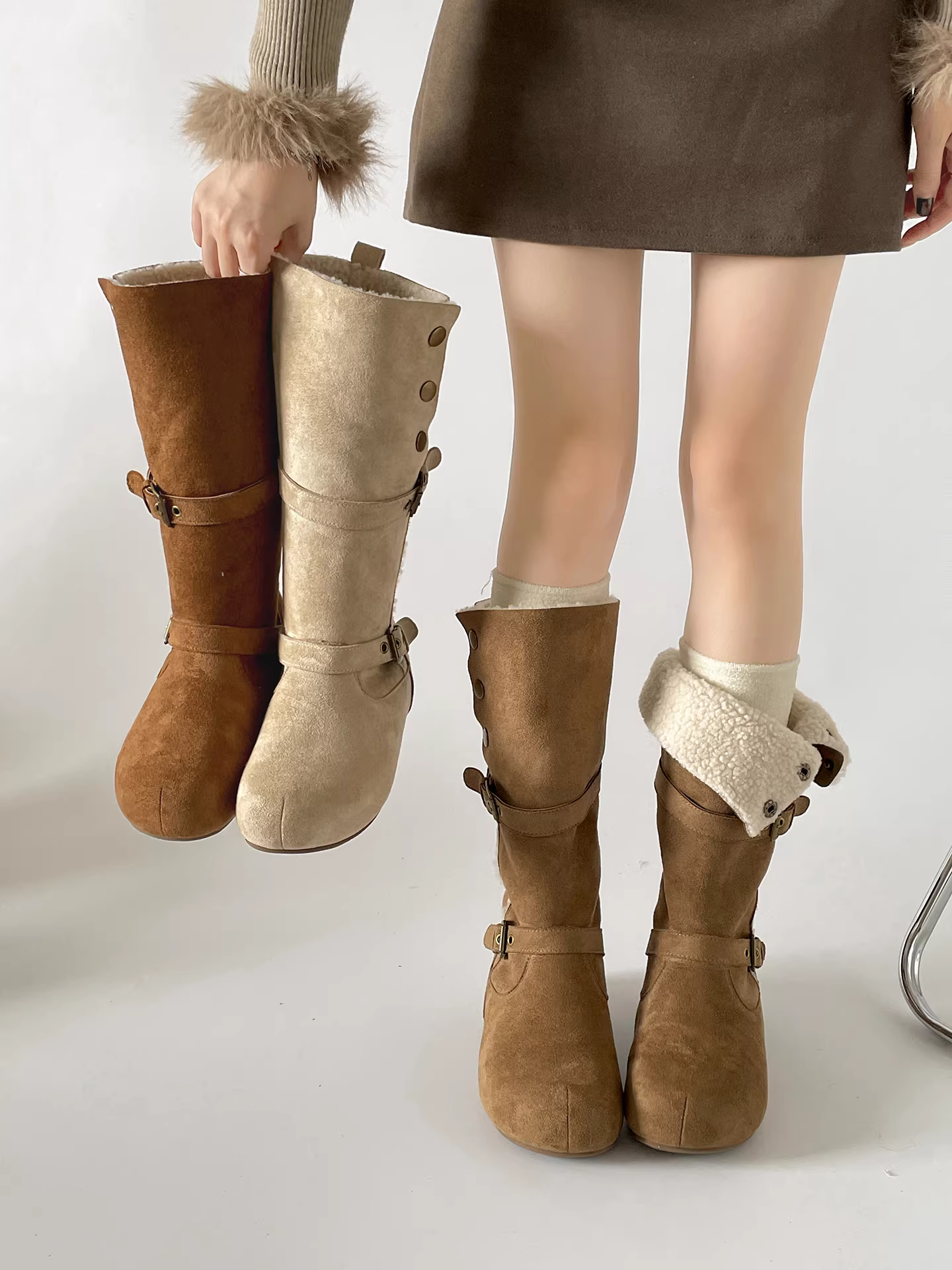 Giày bốt nữ mùa đông 2025 kiểu retro màu kaki, đế dày, lót lông cừu, giữ ấm, kiểu Birkenstock