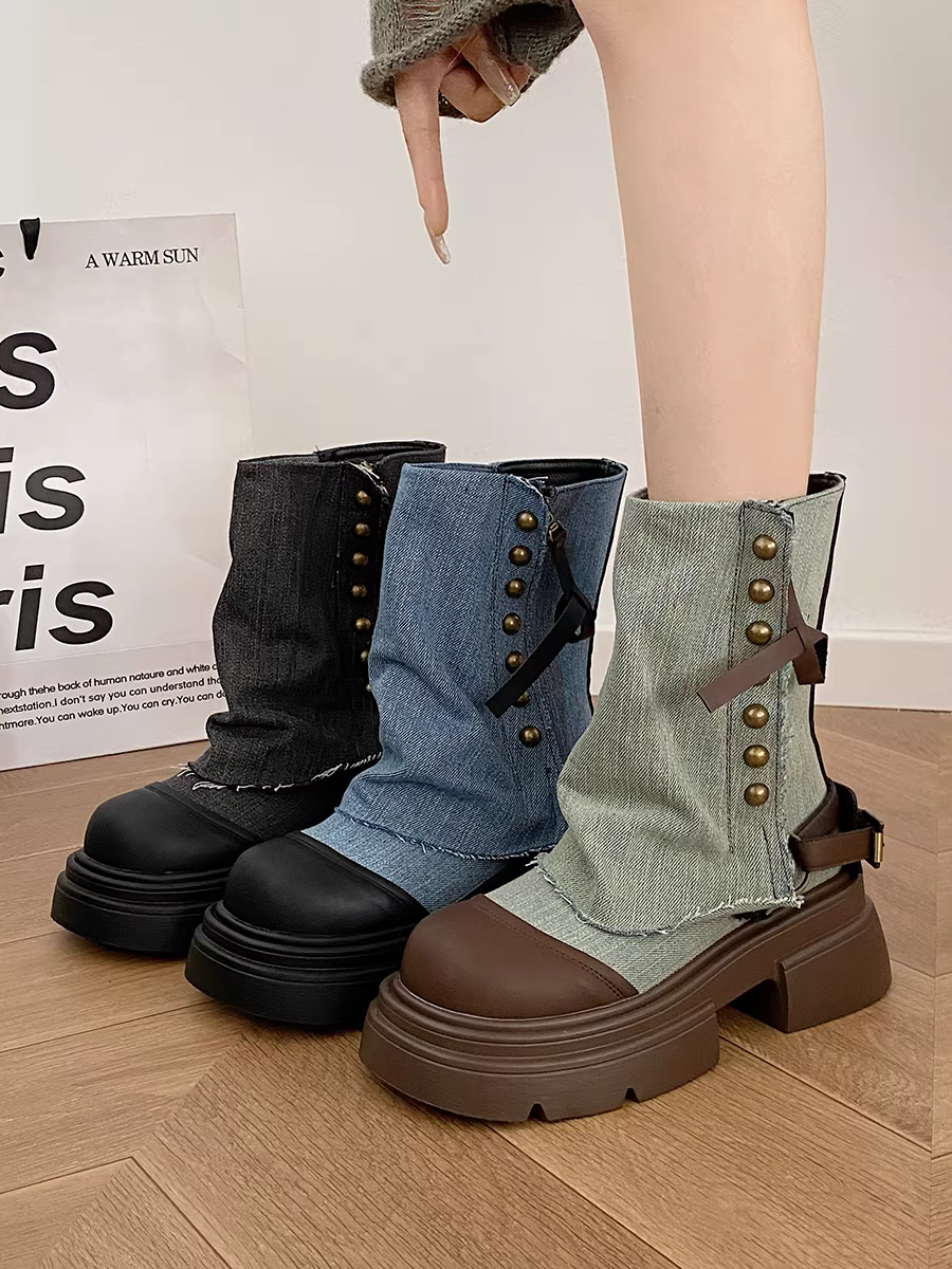 Giày bốt Martin đế dày kiểu Anh đen dành cho nữ, mùa thu đông 2025, kiểu dáng mới phổ biến, phong cách cao bồi phương Tây.