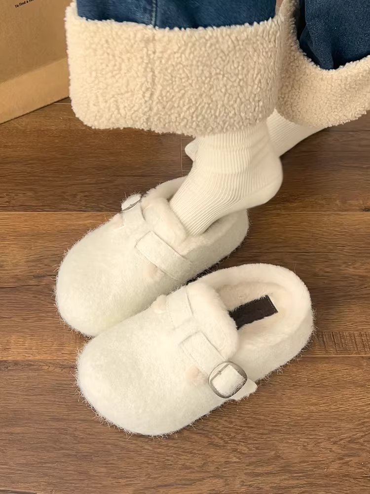 Giày dép lông dày đế dày Nan Zai Nanbian màu trắng, kiểu kín mũi dành cho nữ, mẫu mới mùa đông 2025, đi ngoài trời, lót lông giữ ấm, kiểu Birkenstock