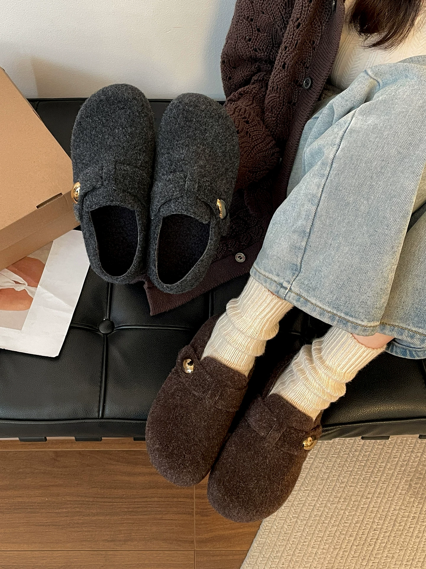 Giày lông dày đế dày kiểu cổ điển Nanzai dành cho nữ, đi ngoài trời, giày mùa đông mới năm 2025, ấm áp, lót lông mềm mại, chống trơn trượt, kiểu Birkenstock.