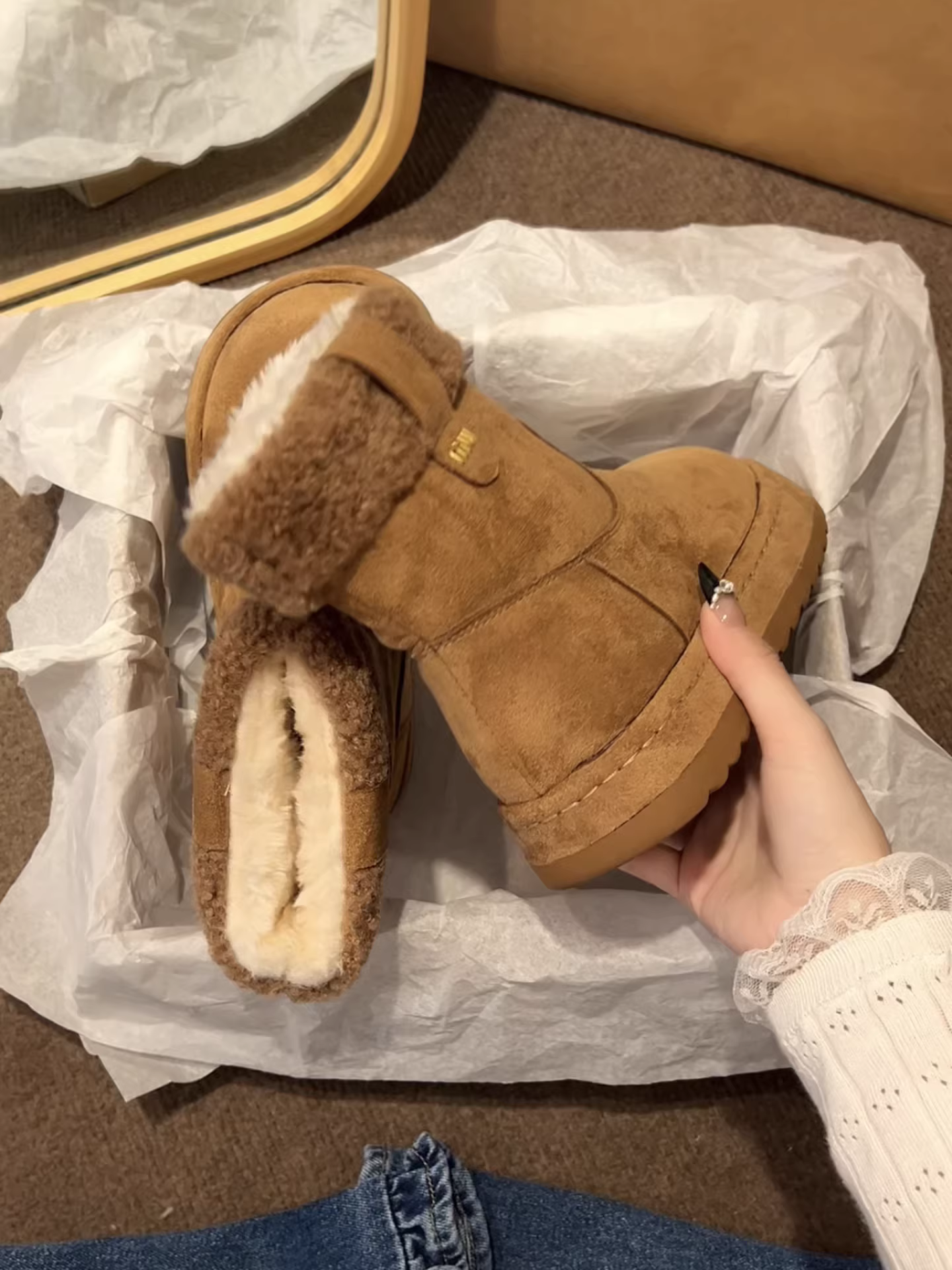 Giày bốt đi tuyết Birkenstock đế dày chống trượt phong cách Đông Bắc dành cho nữ 2025 giày cotton ấm áp tăng chiều cao ngoài trời mùa đông mới