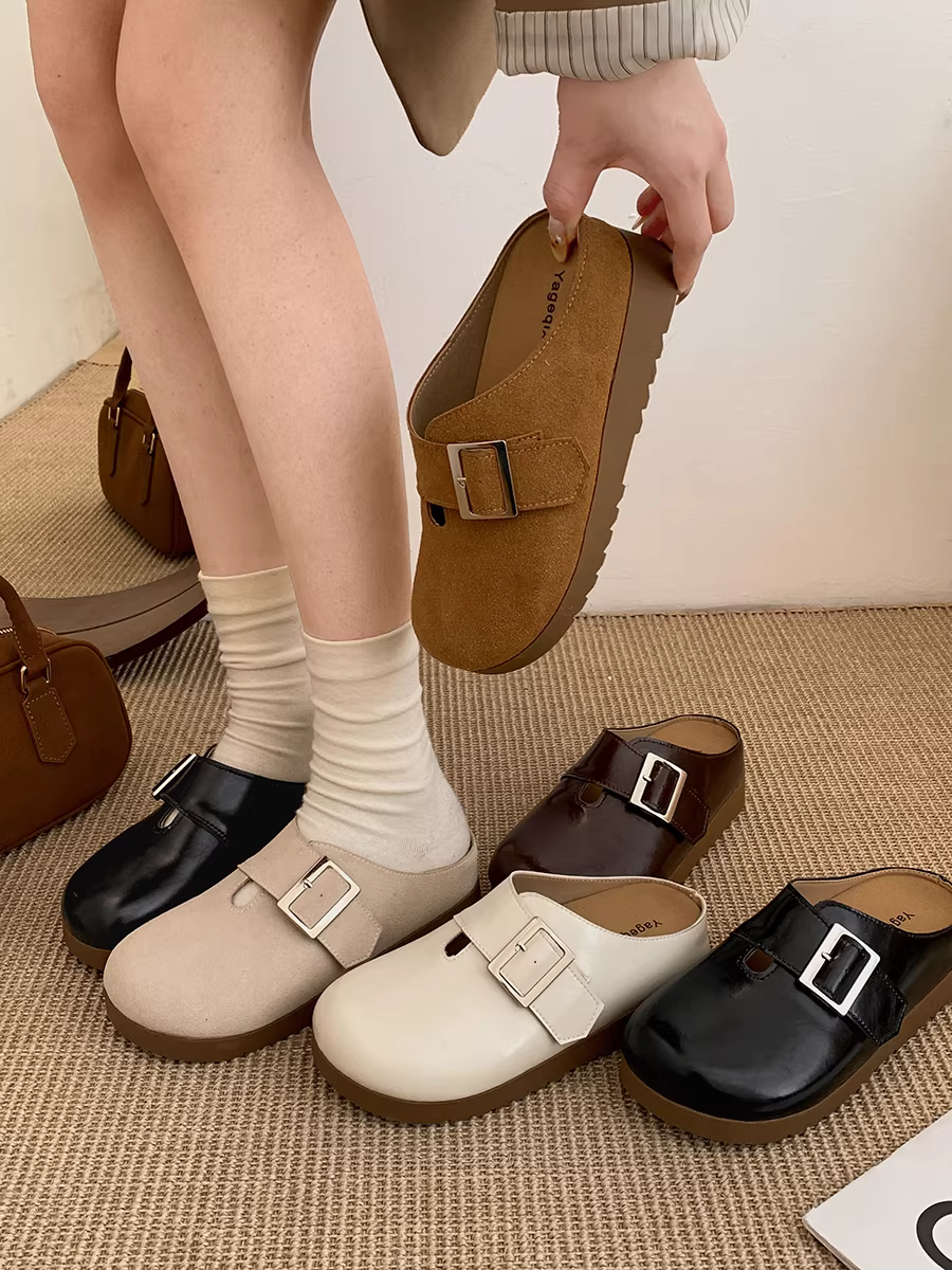 Giày Birkenstock đế dày kiểu cổ điển Nanzai Nandong dành cho nữ 2025, mẫu mới mùa thu, kiểu lười, mũi kín, nửa dép