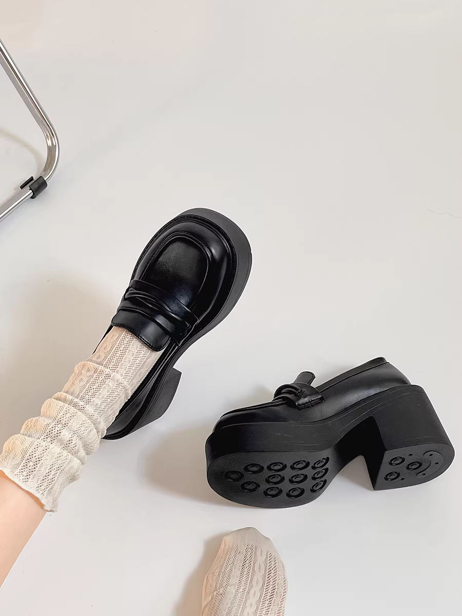 Giày da đế xuồng cao gót đen dành cho nữ, kiểu Anh, mùa thu mới 2025, kiểu lười không dây