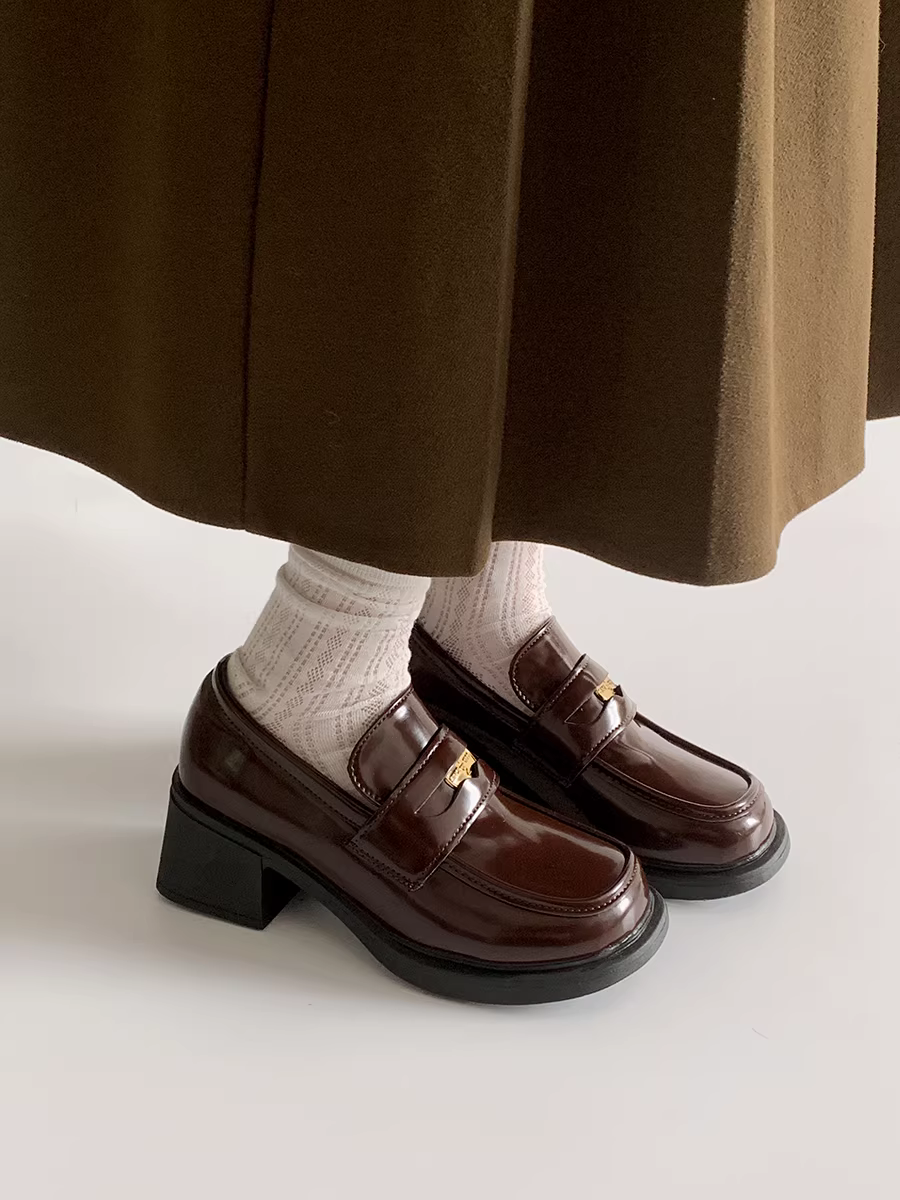 Giày Mary Jane da kiểu Pháp đen đế xuồng dành cho nữ, mẫu mới thu 2025 mũi tròn cổ điển gót cao chunky