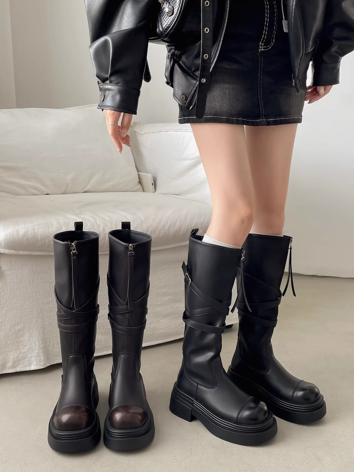 Giày bốt nữ đế dày kiểu Anh cổ điển màu đen, kiểu dáng mới thu đông 2025, tôn dáng, phối chân váy