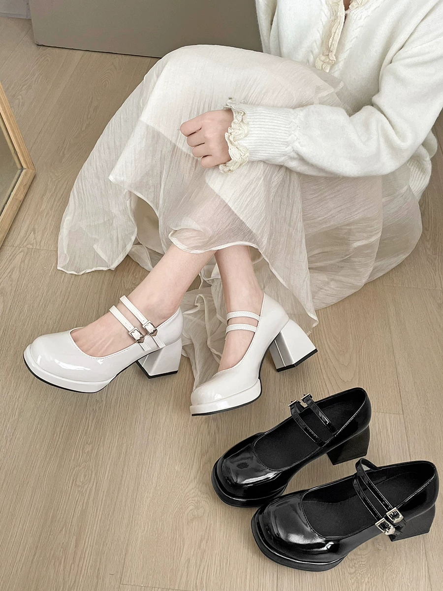 Giày da cao gót chunky kiểu Pháp cổ điển màu đen dành cho nữ, mẫu mới thu 2025, đa năng, kiểu Mary Jane, phối được với chân váy và tăng chiều cao.