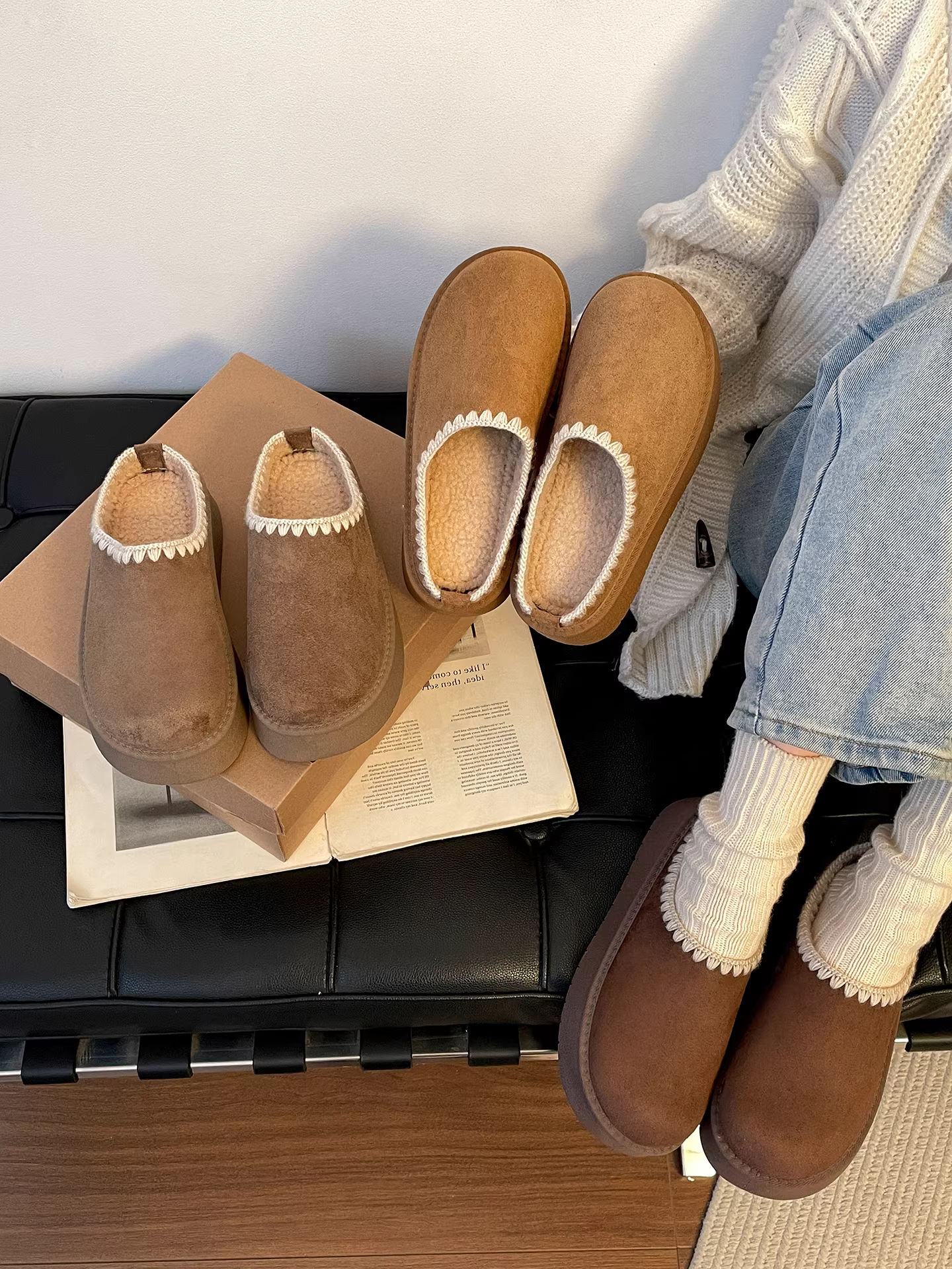 Giày Birkenstock nữ đế dày lót bông kiểu retro màu nâu, kiểu nửa dép, mùa đông 2025, tăng chiều cao, chống trơn trượt, giữ ấm