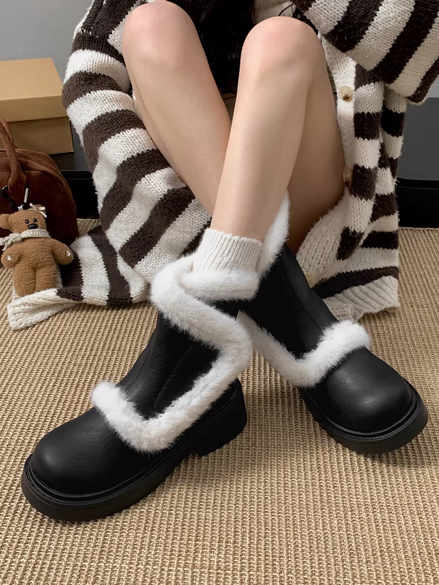 Giày bốt tuyết đế dày phong cách Nam Trung Quốc dành cho nữ 2025, giày Martin lót lông mùa đông mới, giày bông dày giữ ấm