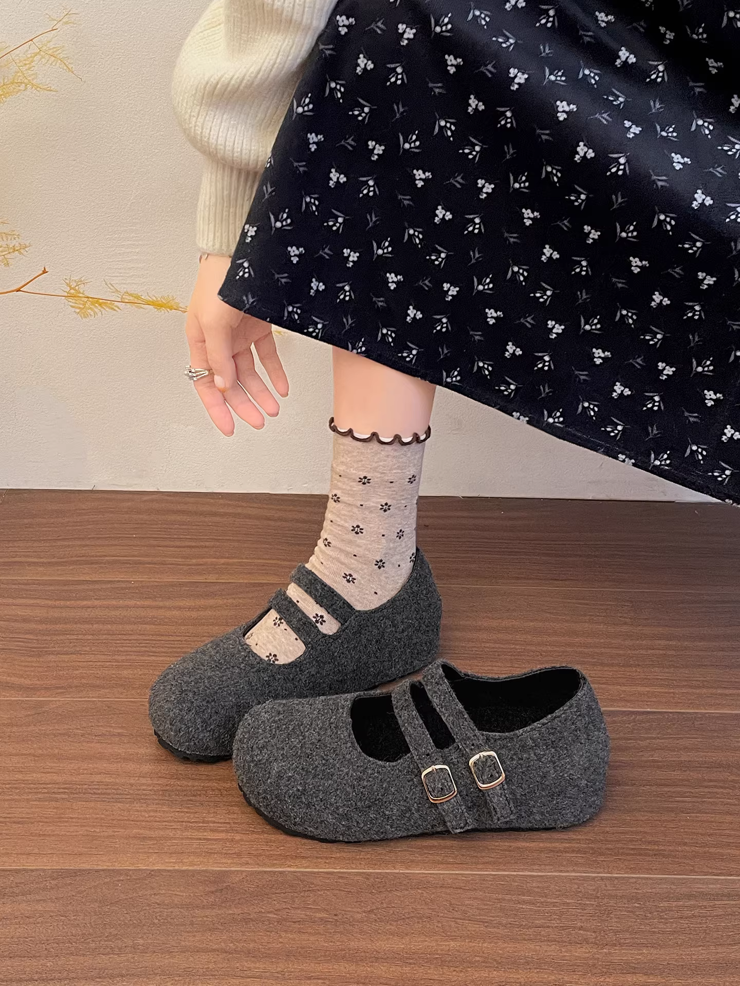 Giày Mary Jane lót lông cừu dày đế cao tăng chiều cao, giày bông mềm đế mềm đa năng mùa đông 2025 dành cho nữ