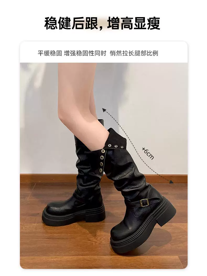Giày bốt cao cổ màu đen, bốt cao cổ đế dày mùa thu đông dành cho nữ, kiểu dáng mới 2025, tôn dáng và tăng chiều cao, phù hợp với người nhỏ nhắn có chân to, kiểu bốt đi xe.