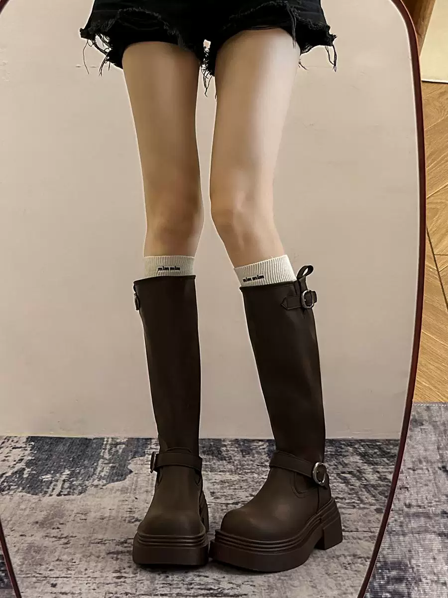 Giày bốt cao đến đùi đế xuồng chunky kiểu Mỹ màu đen dành cho nữ, mẫu mới thu đông 2025, kiểu dáng Anh, tôn dáng, kiểu đi cưỡi ngựa