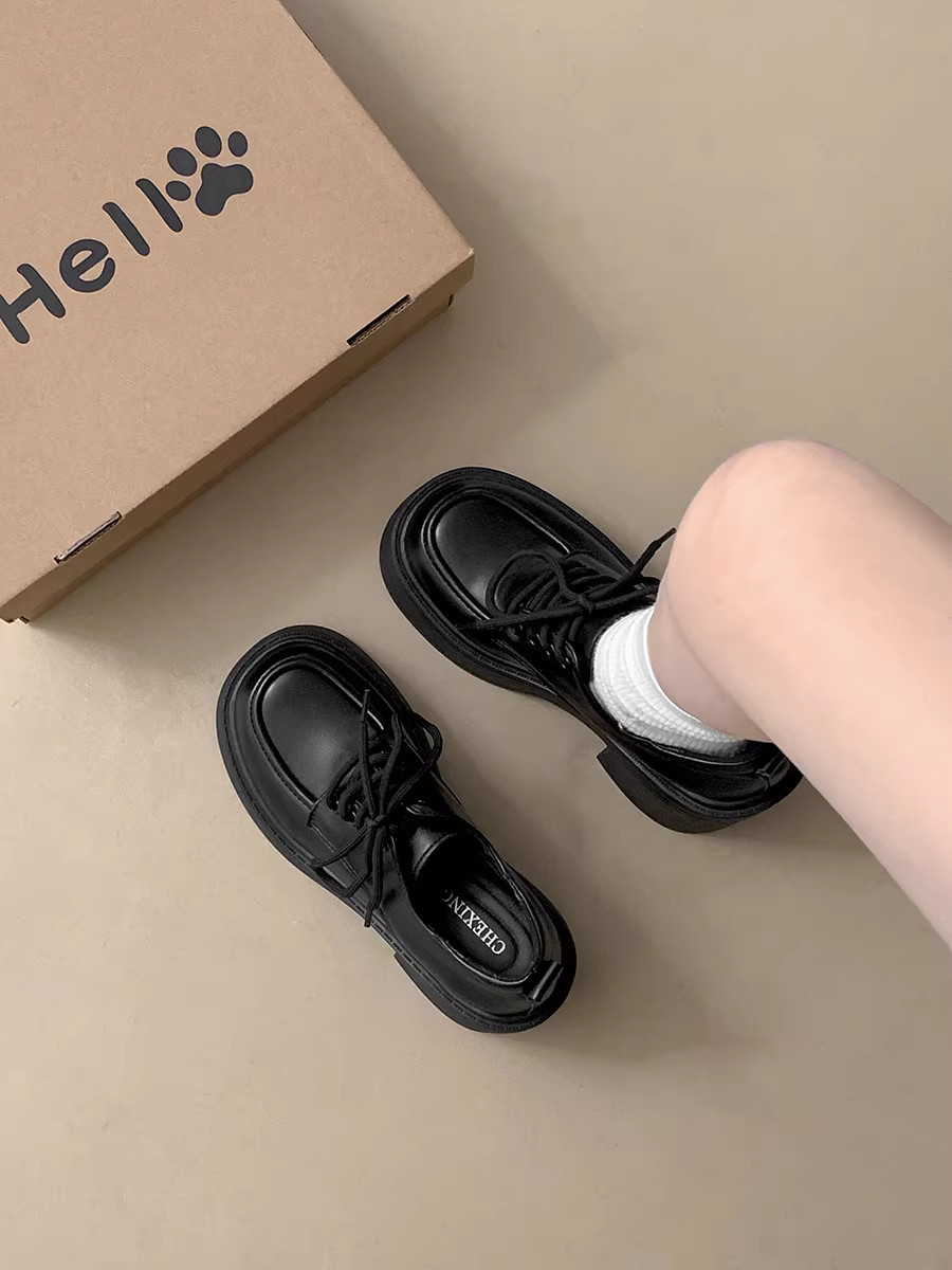 Giày da nữ đế dày gót vuông đen, kiểu Mary Jane, tăng chiều cao, đa năng, mùa thu mới 2025, phối được với chân váy