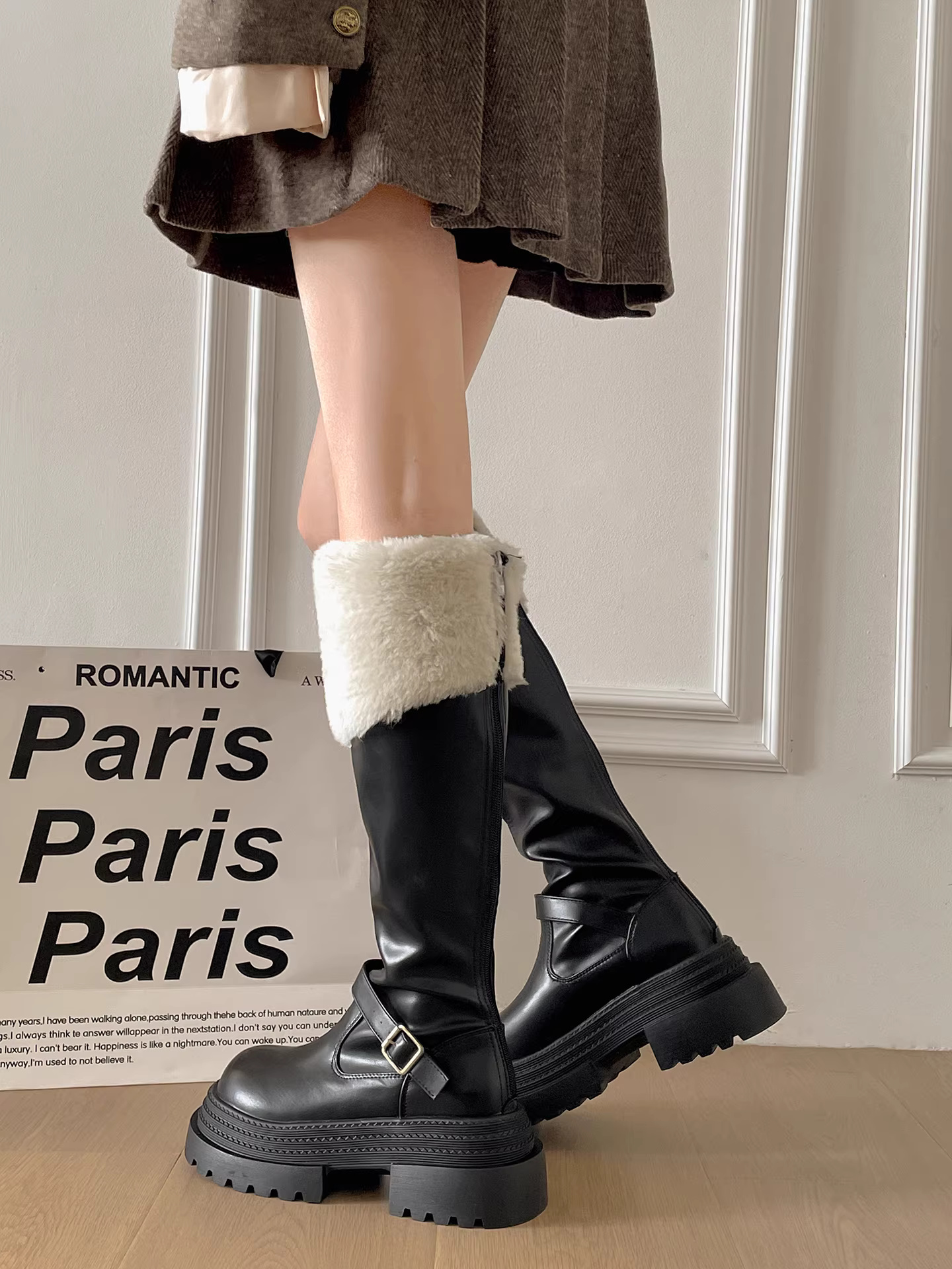 Giày bốt tuyết nữ đế dày lót lông ấm áp kiểu Anh, tăng chiều cao, chống trơn trượt, chất liệu bông dày dặn, mẫu mới mùa đông 2025