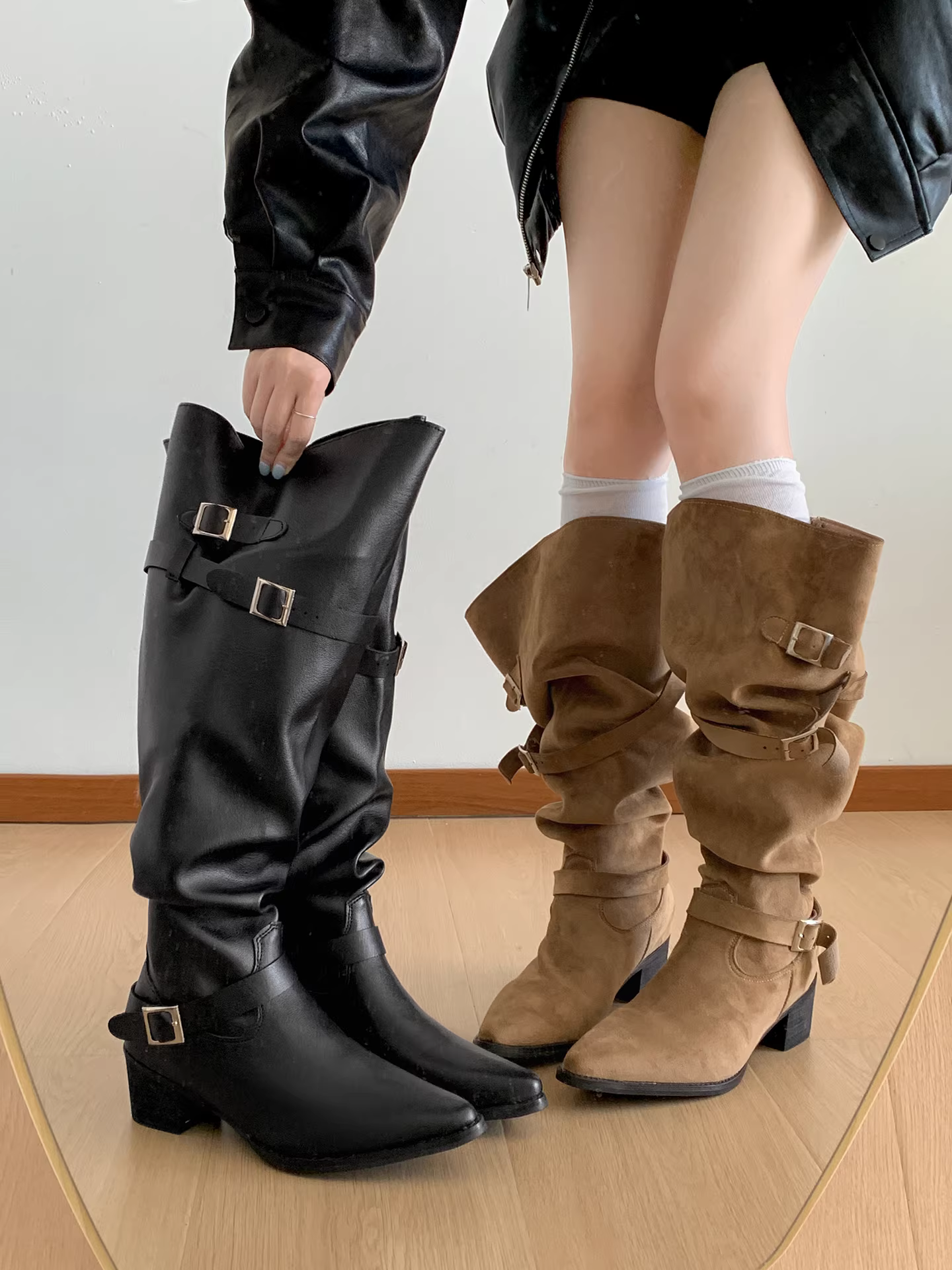 Giày bốt cao gót kiểu Anh dành cho nữ, bốt dài, bốt cưỡi ngựa mũi nhọn màu nâu mới mùa thu đông 2025.