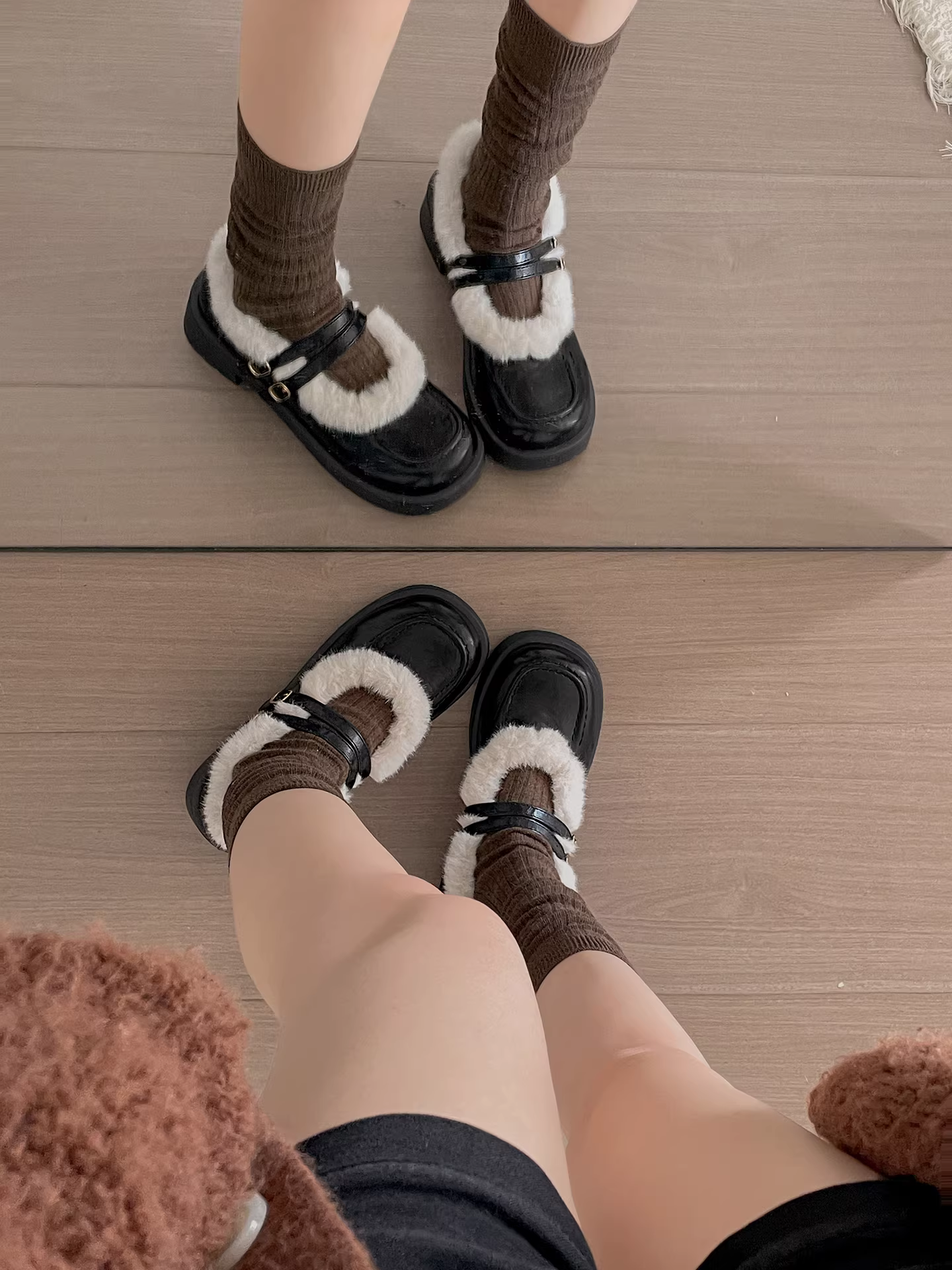 Giày nữ đế dày giữ ấm lót lông phong cách retro đa năng, kiểu Mary Jane da, tăng chiều cao, mùa đông 2025 mới