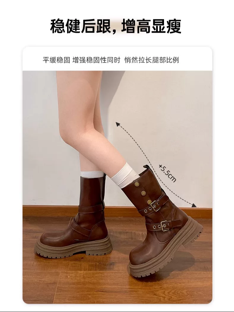 Giày bốt Martin đế dày cổ điển màu nâu dành cho nữ, kiểu dáng Anh quốc mới năm 2025, kiểu dáng thon gọn, tăng chiều cao, cổ ngắn