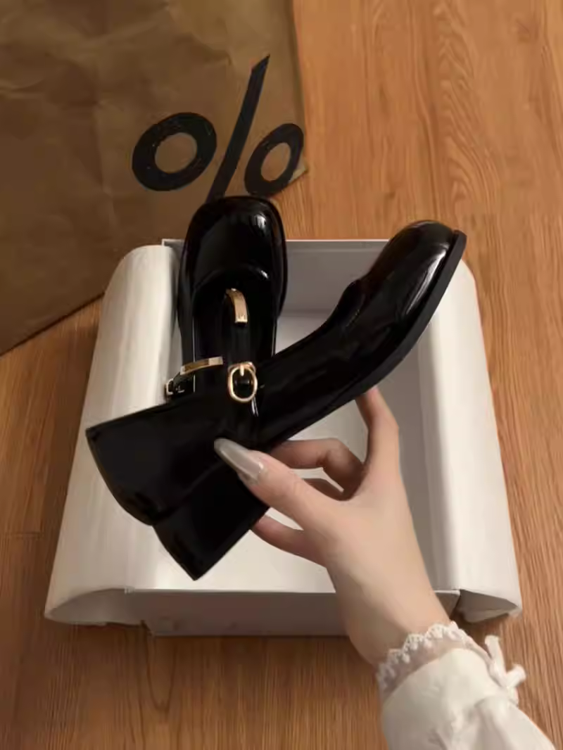 Giày da đế xuồng chunky retro đen dành cho nữ, mẫu mới thu 2025, đa năng, kiểu Mary Jane, phối hợp tốt với chân váy