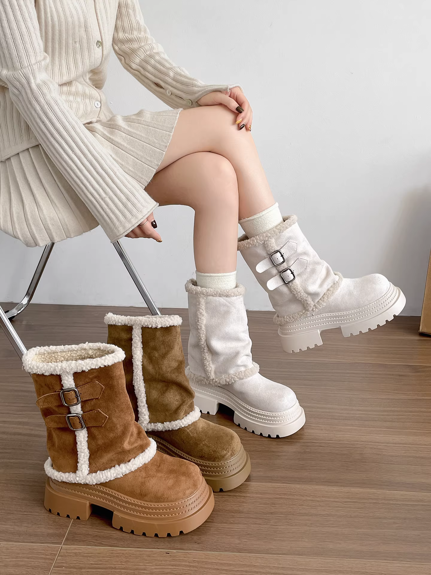 Giày bốt đi tuyết đế dày cổ điển ấm áp dành cho nữ, áo khoác ngoài mùa đông mới 2025, lót lông cừu, dày dặn, giày cotton tăng chiều cao