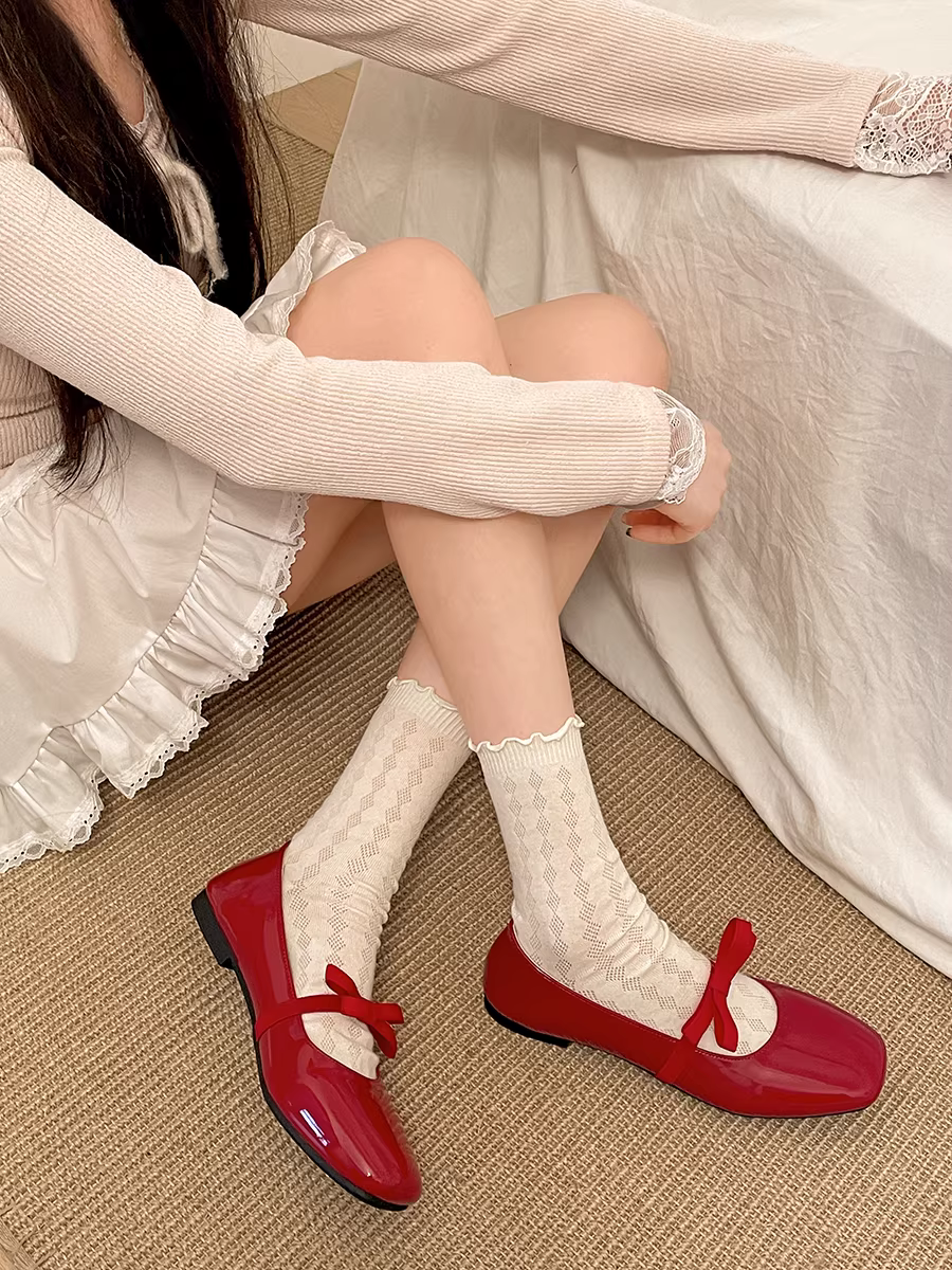 Giày bệt kiểu ballet cổ điển Pháp dành cho nữ, mẫu mới mùa thu 2025, kiểu Mary Jane có nơ