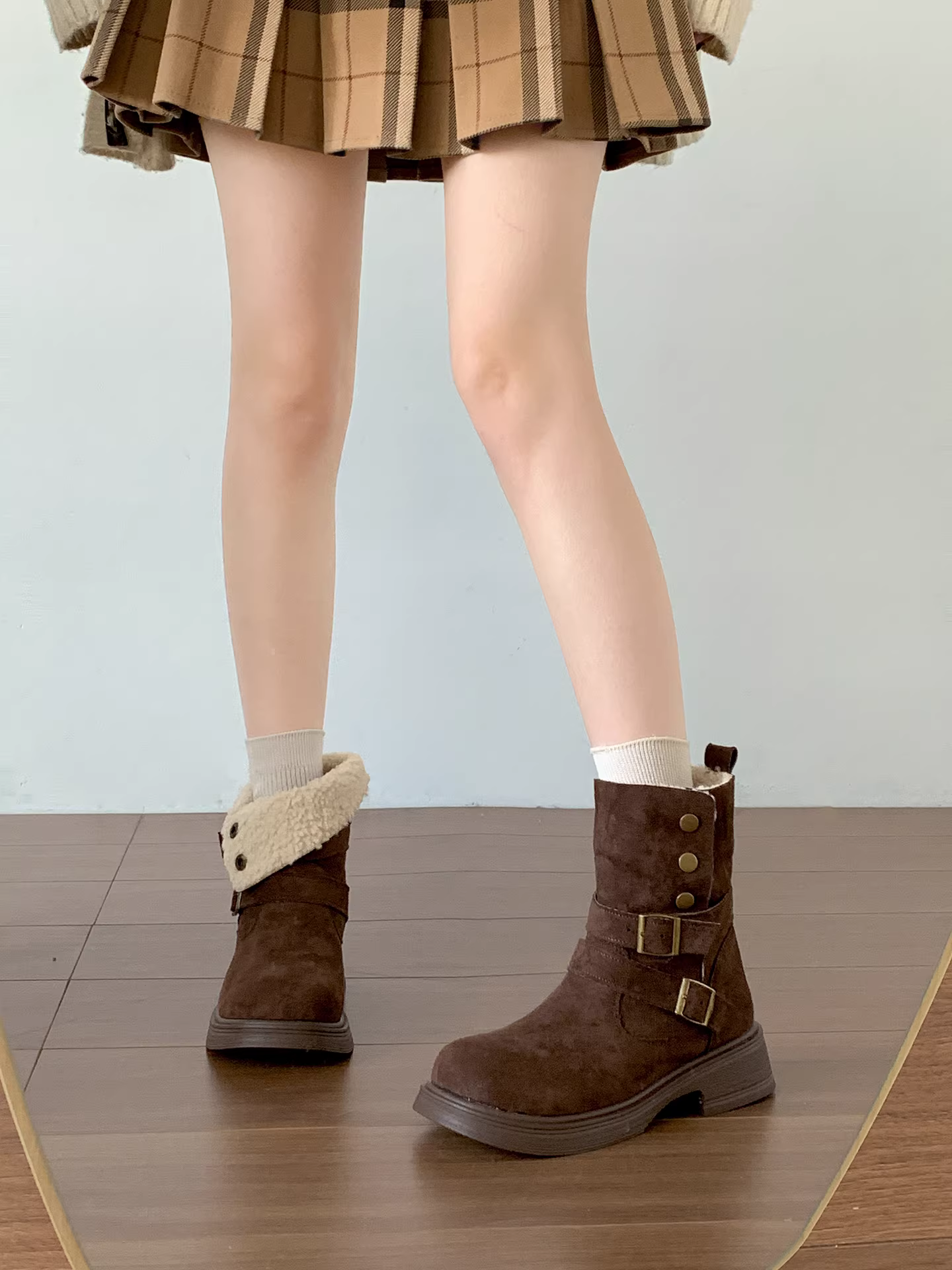 Giày bốt nữ đế dày gót dày phong cách retro lót nhung mùa thu đông 2025 giữ ấm kiểu Birkenstock