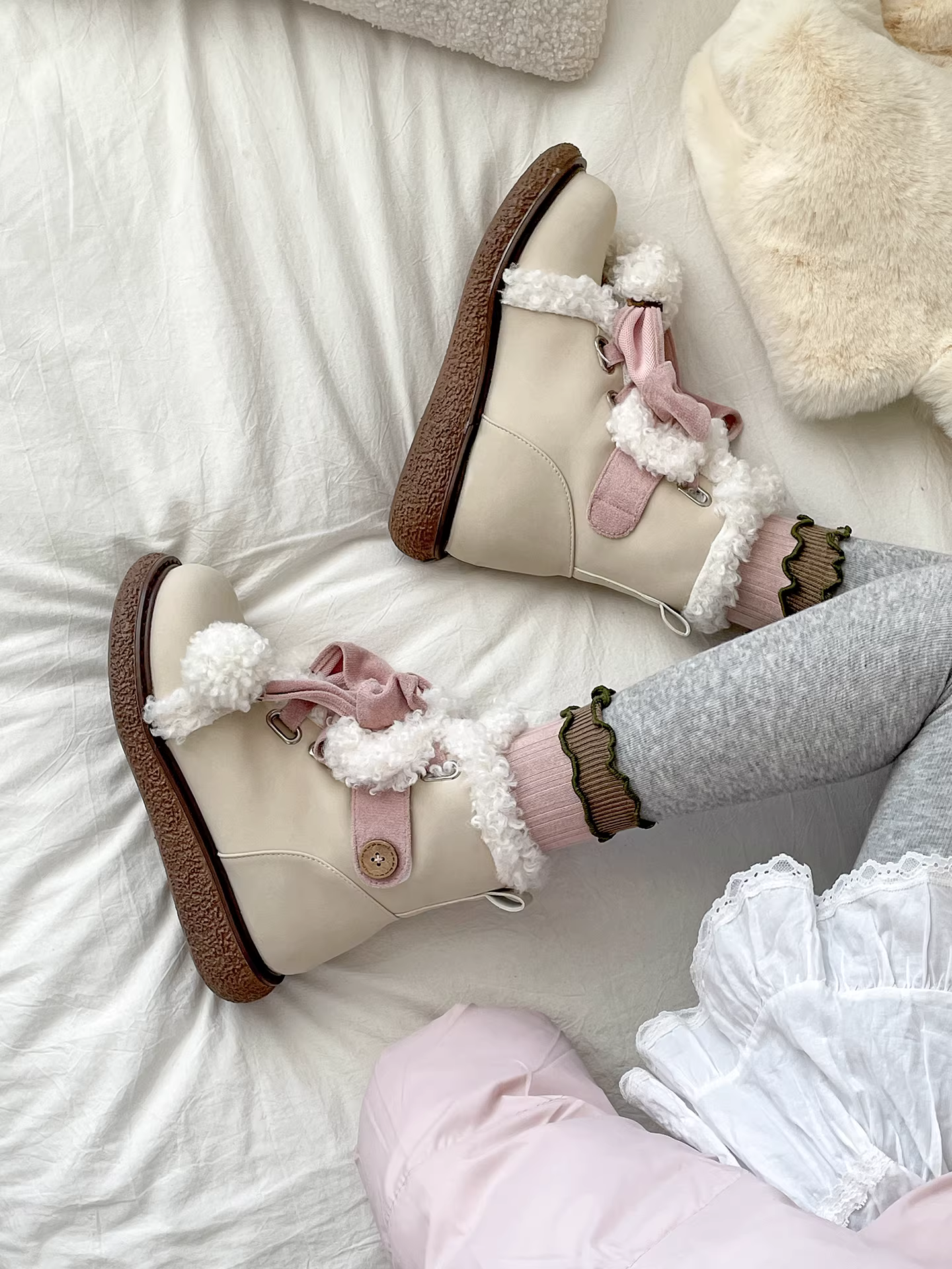 Giày bốt đi tuyết đế dày lót lông cừu Nanzai Southern Retro màu trắng dành cho nữ 2025 Giày cotton ấm áp mùa thu đông mới.