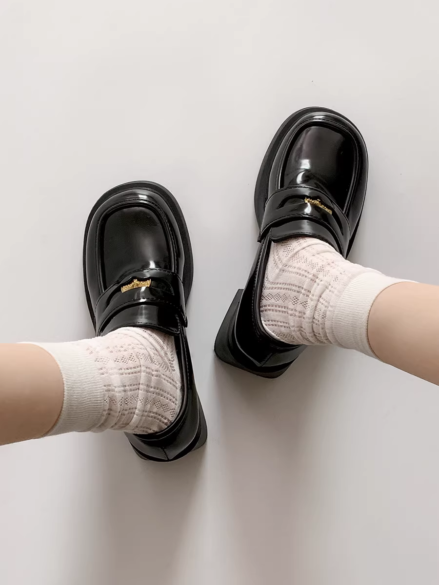 Giày Mary Jane da kiểu Pháp đen đế xuồng dành cho nữ, mẫu mới thu 2025 mũi tròn cổ điển gót cao chunky