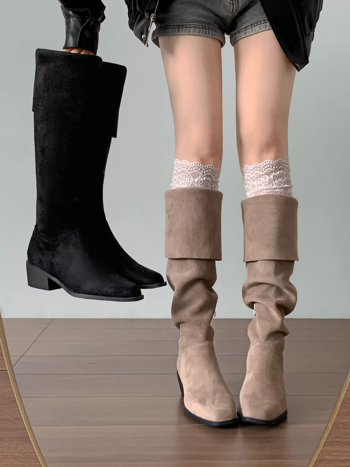 Giày bốt cao gót chunky retro đen dành cho nữ, bốt dài, kiểu dáng thu đông 2025 mới, tăng chiều cao và thon gọn dáng người.