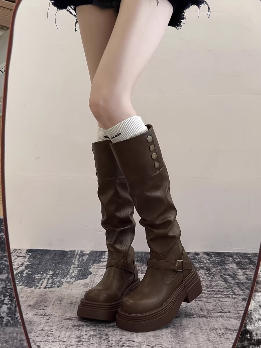 Giày bốt cao cổ đế dày kiểu Mỹ cổ điển dành cho nữ, mẫu mới thu đông 2025, kiểu dáng thon gọn, trên gối, kiểu cưỡi ngựa