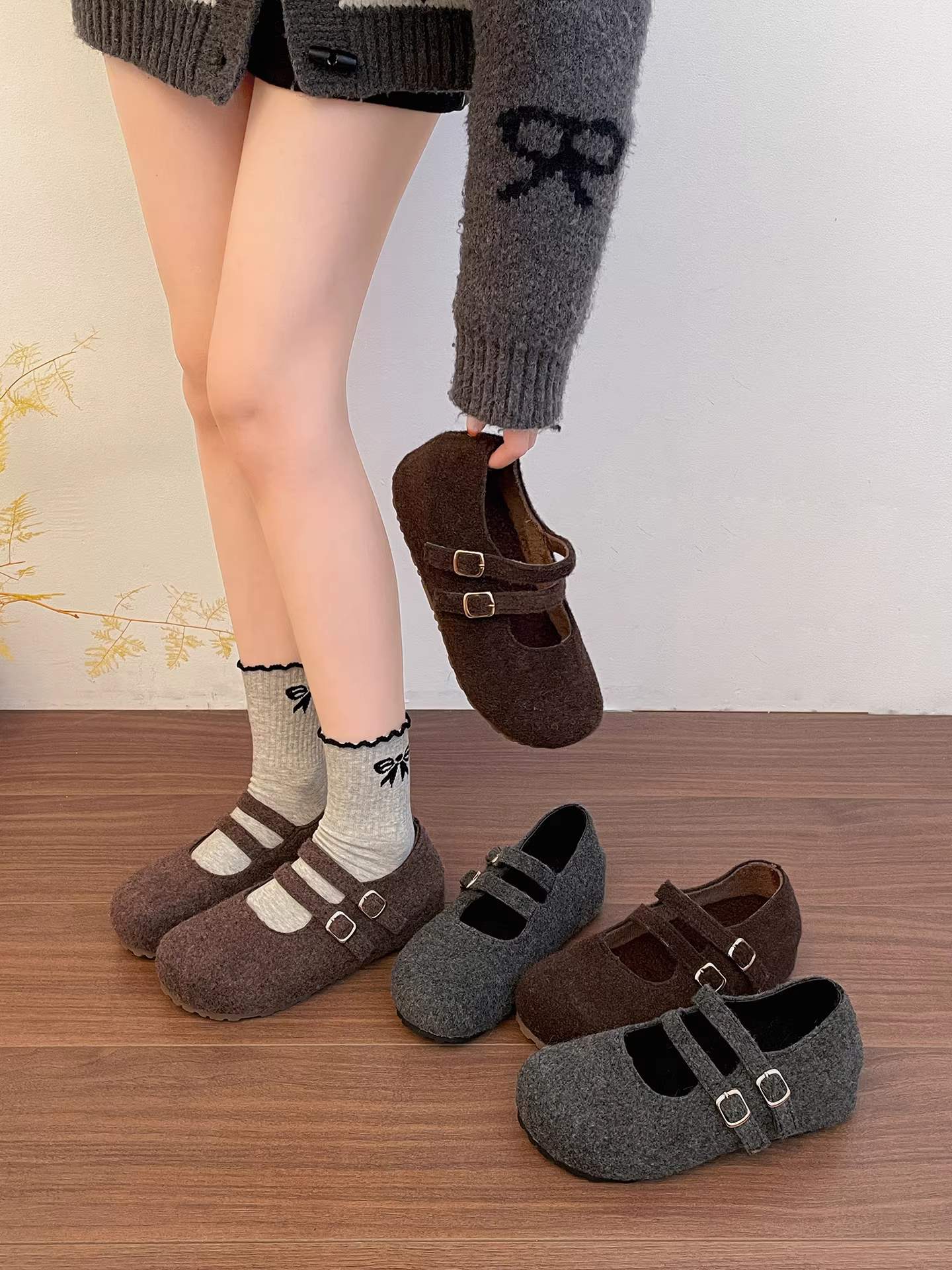 Giày Mary Jane lót lông cừu dày đế cao tăng chiều cao, giày bông mềm đế mềm đa năng mùa đông 2025 dành cho nữ