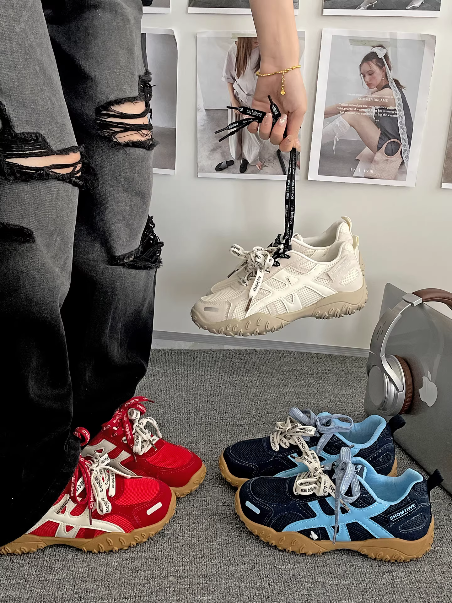Giày thể thao đế dày màu trắng kiểu retro thời thượng dành cho nữ, kiểu dáng thu đông 2025 mới, giày thể thao đa năng, dễ phối với chân váy.