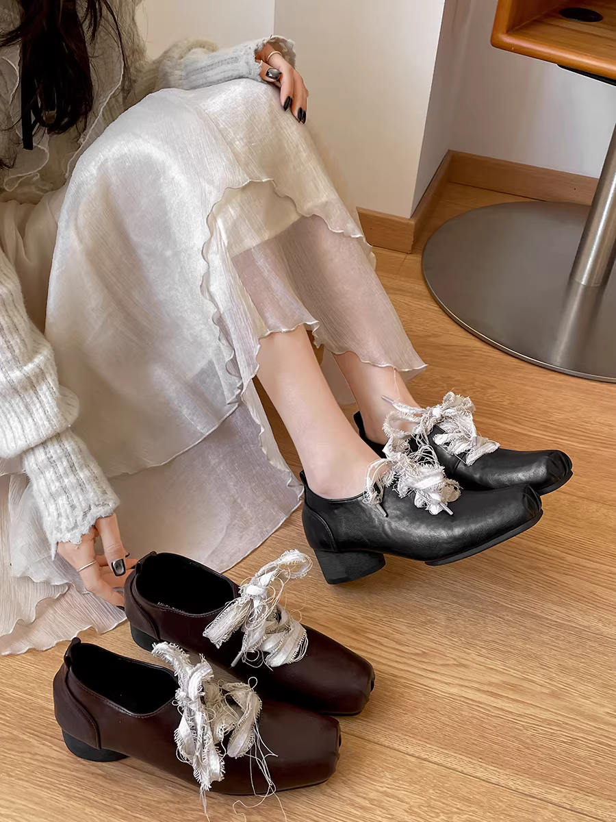 Giày búp bê da nhỏ gót dày kiểu ballet màu nâu cổ điển dành cho nữ, mẫu mới thu đông 2025, phong cách Pháp, phối chân váy, kiểu Mary Jane